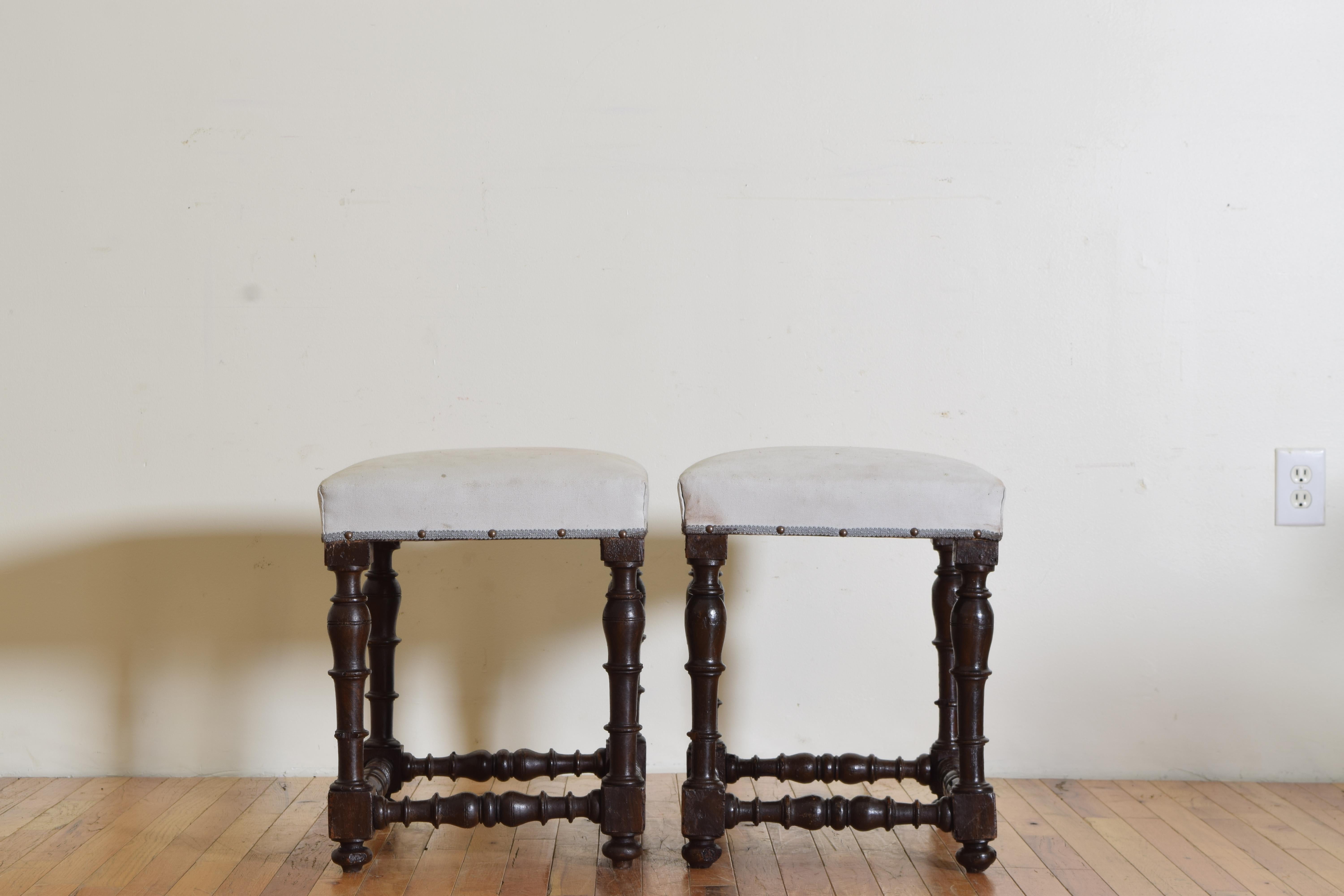 18th Century Pair Italian Late Baroque Painted & Lacqured Pinewood Upholstered Benches