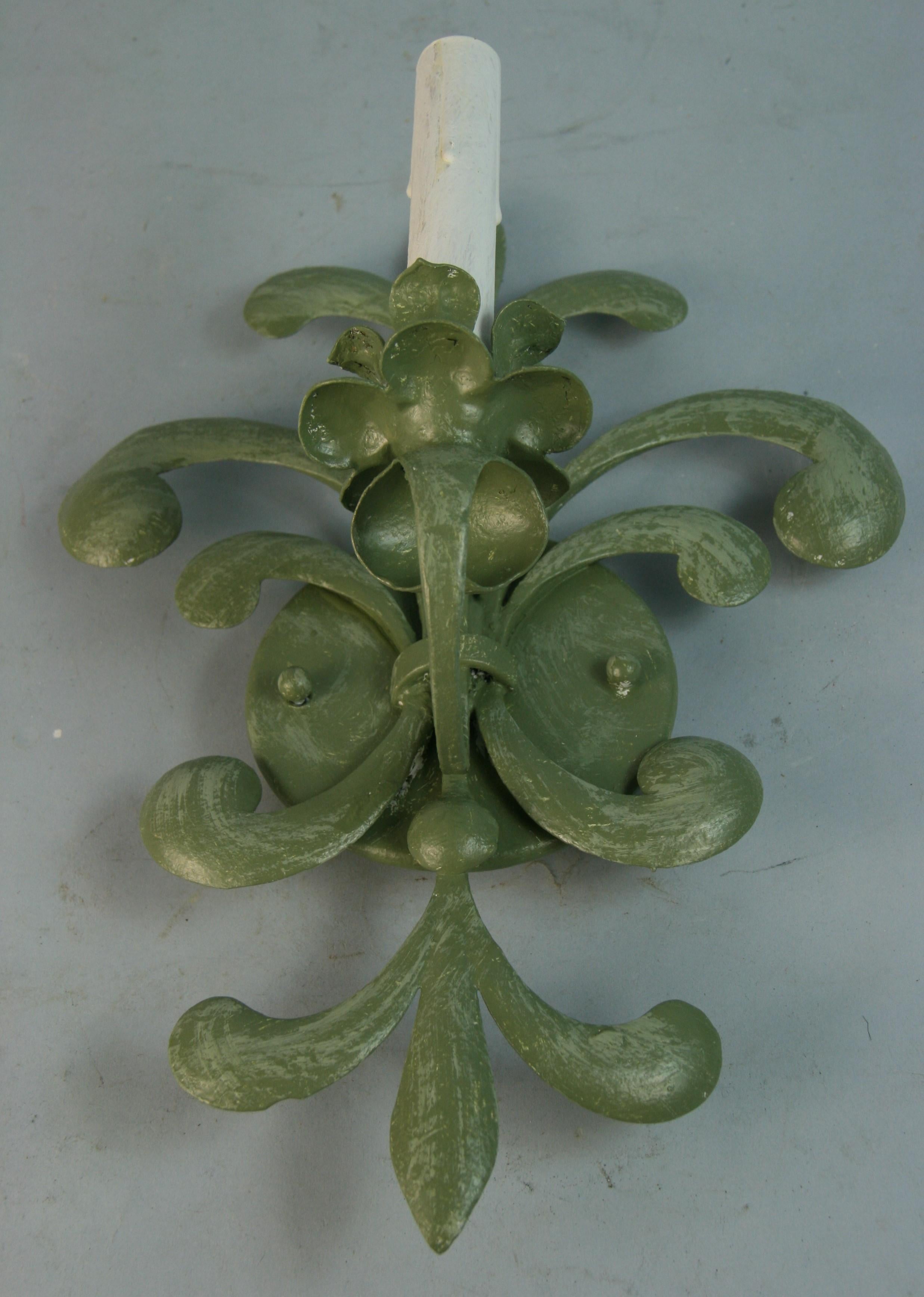 Hand-Crafted Pair Italian Leaf Sage Green Single Light Sconces For Sale