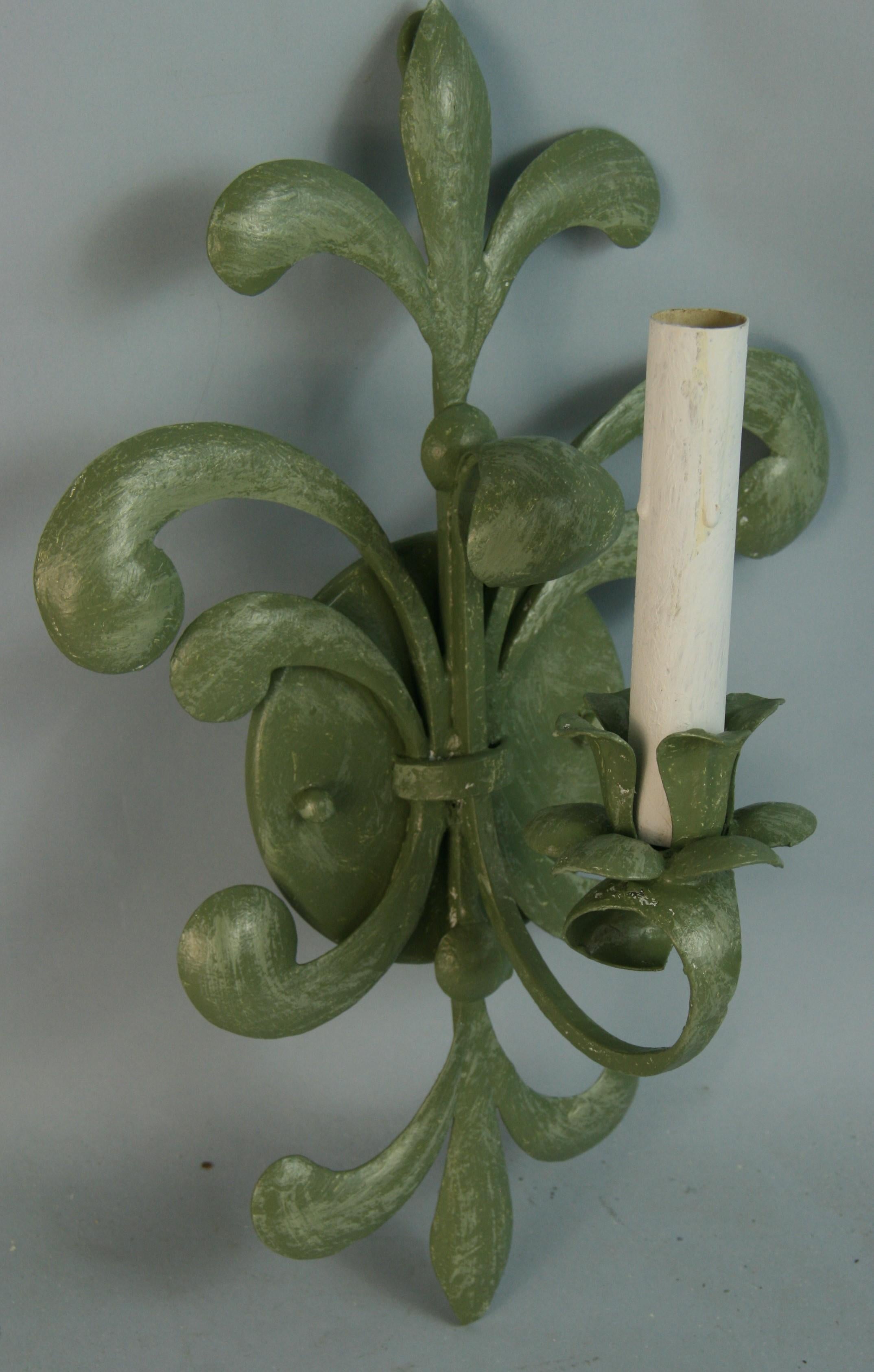 Mid-20th Century Pair Italian Leaf Sage Green Single Light Sconces For Sale