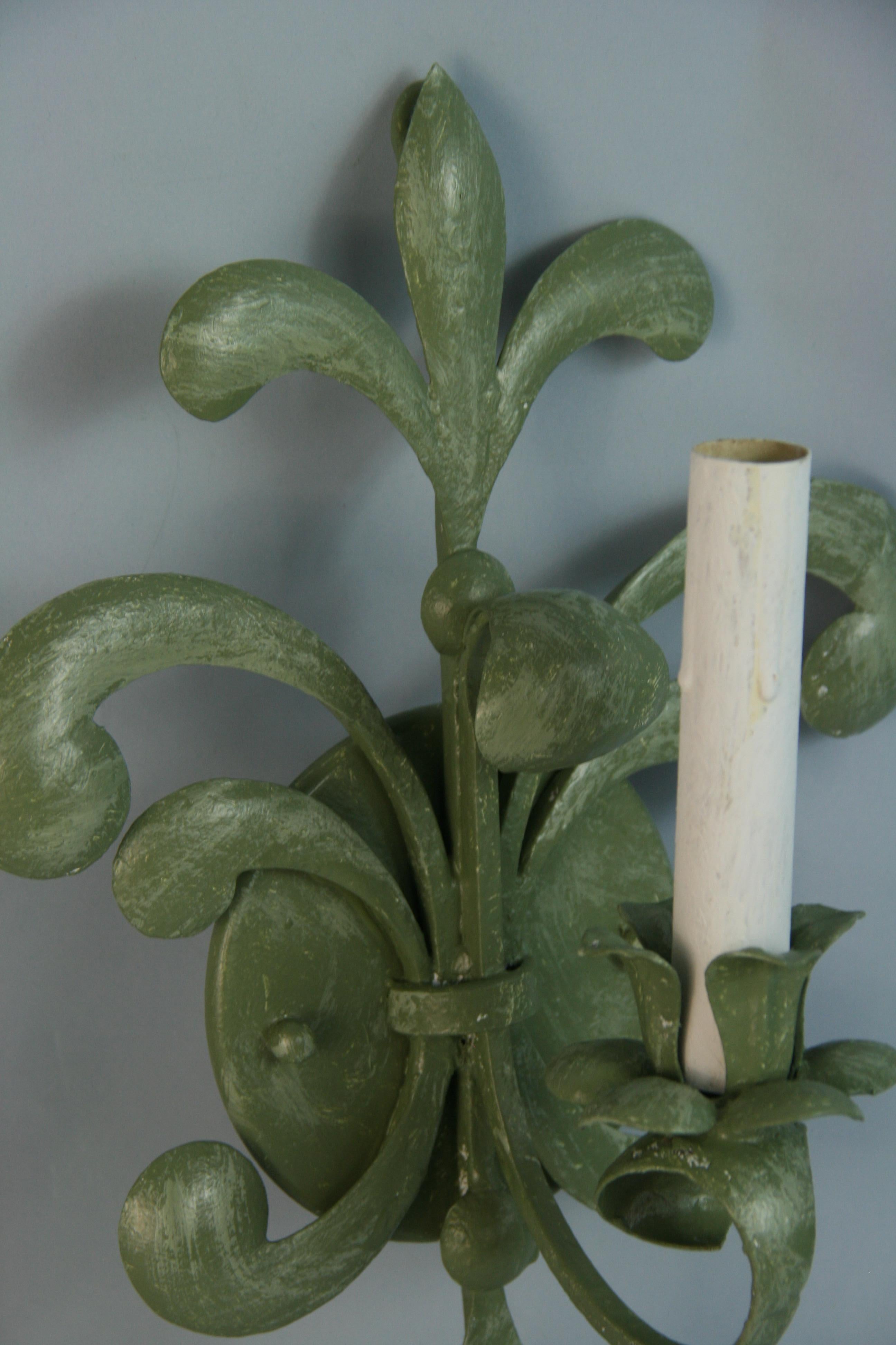 Metal Pair Italian Leaf Sage Green Single Light Sconces For Sale