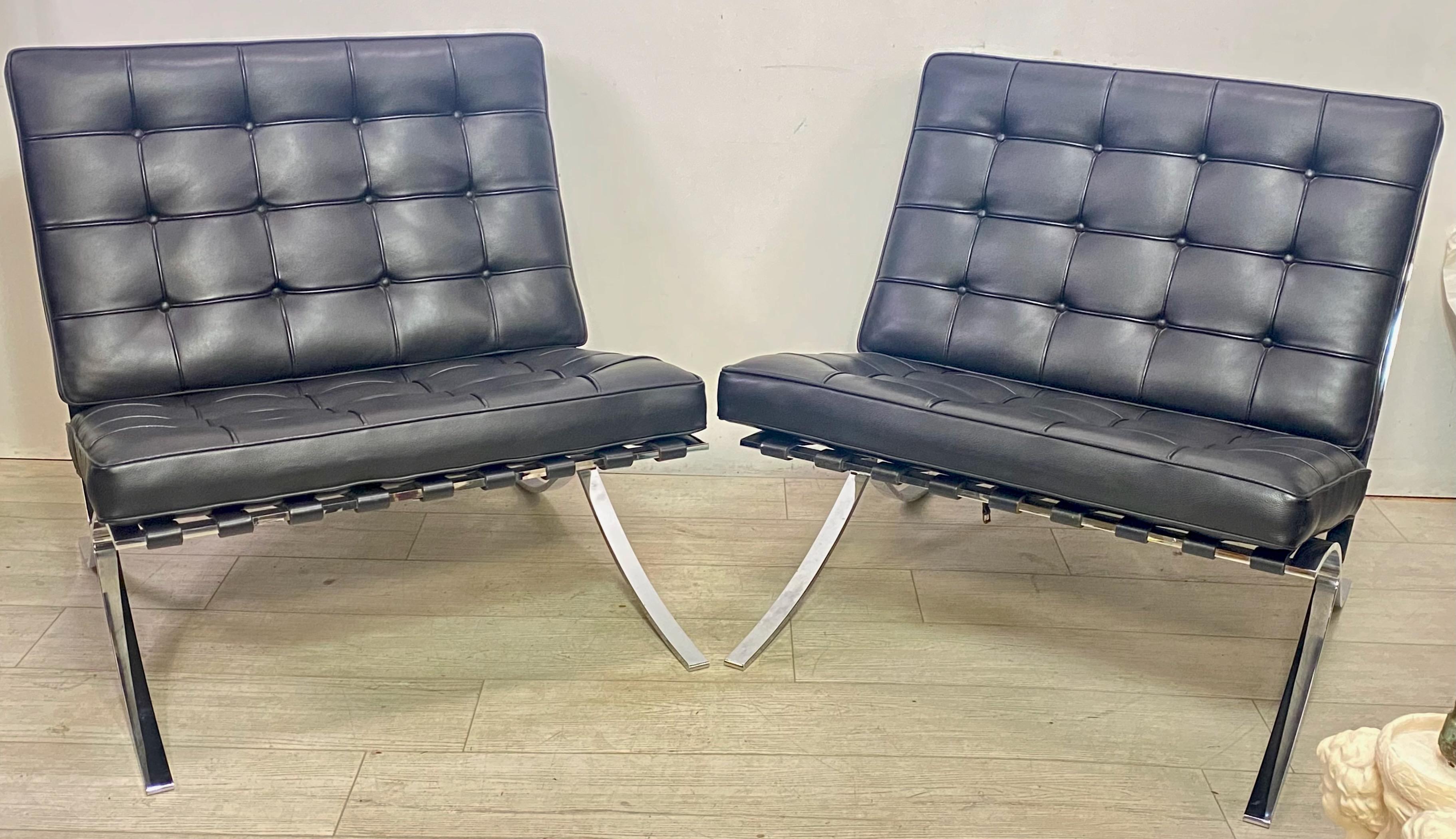 Mid-Century Modern Pair Italian Leather and Polished Steel Barcelona Lounge Chairs, 4 Available For Sale