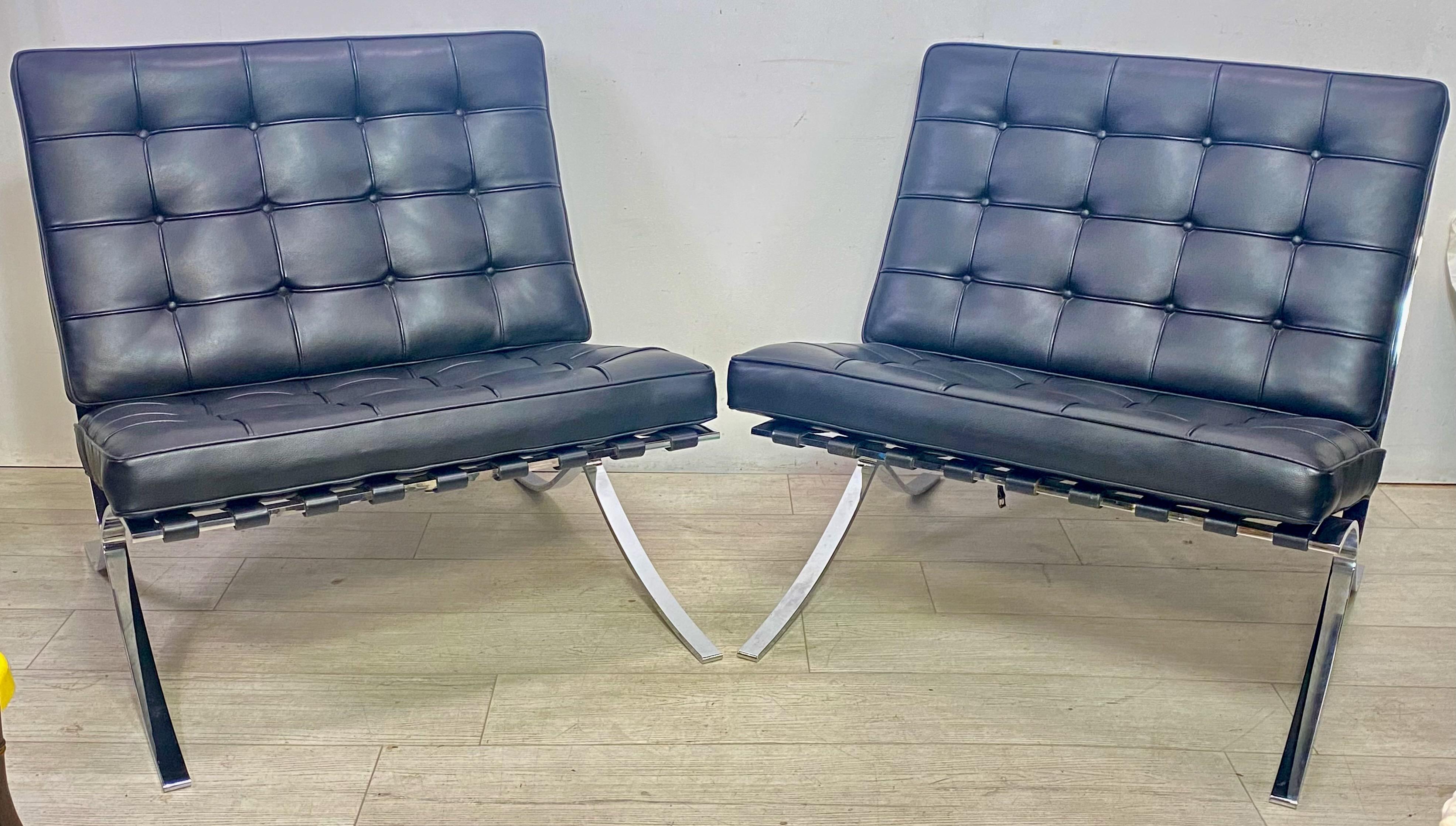 Pair Italian Leather and Polished Steel Barcelona Lounge Chairs, 4 Available In Good Condition For Sale In San Francisco, CA