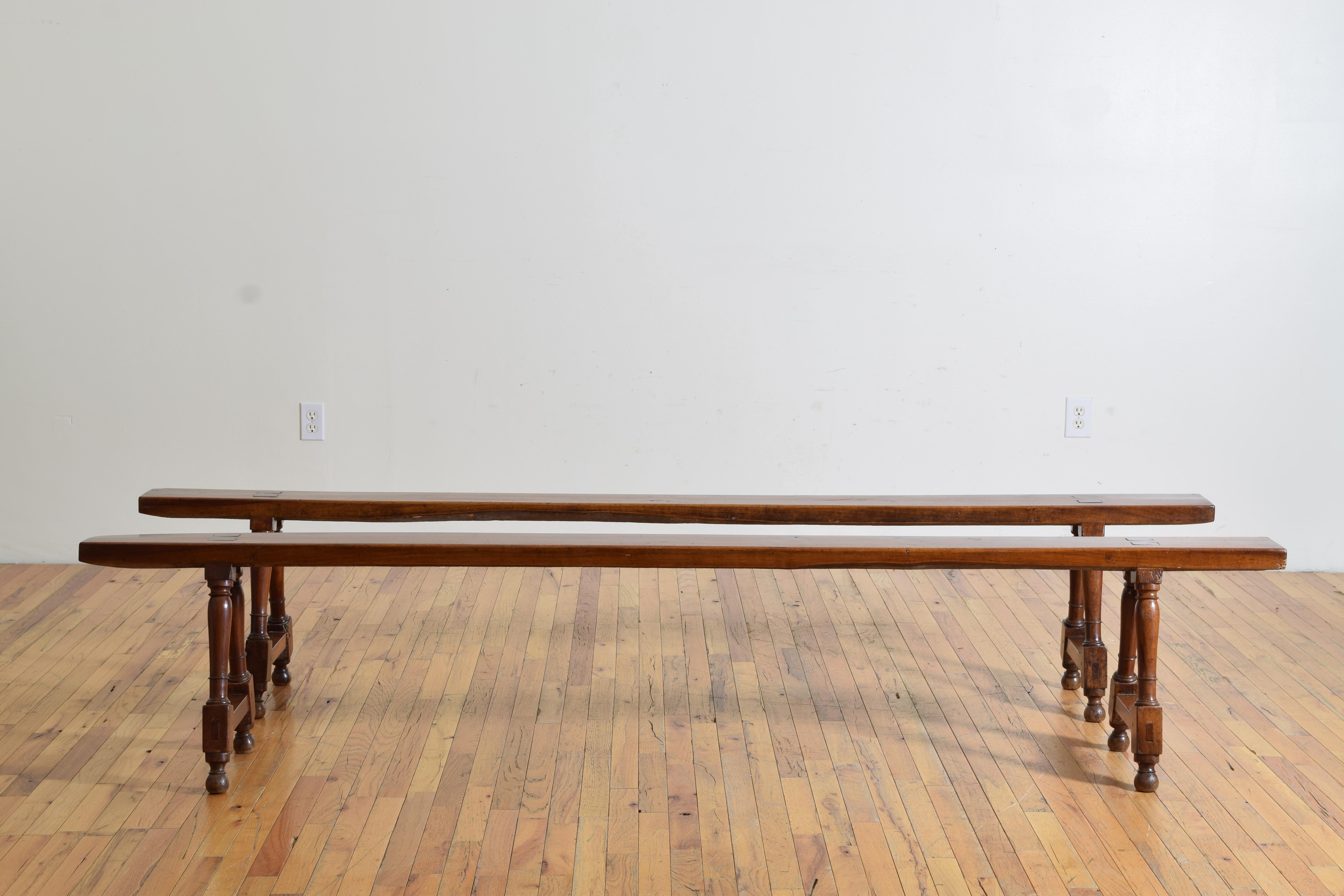 Pair Italian Louis XIII Style Fruitwood Trestle-Form Benches, mid 19th century In Good Condition For Sale In Atlanta, GA