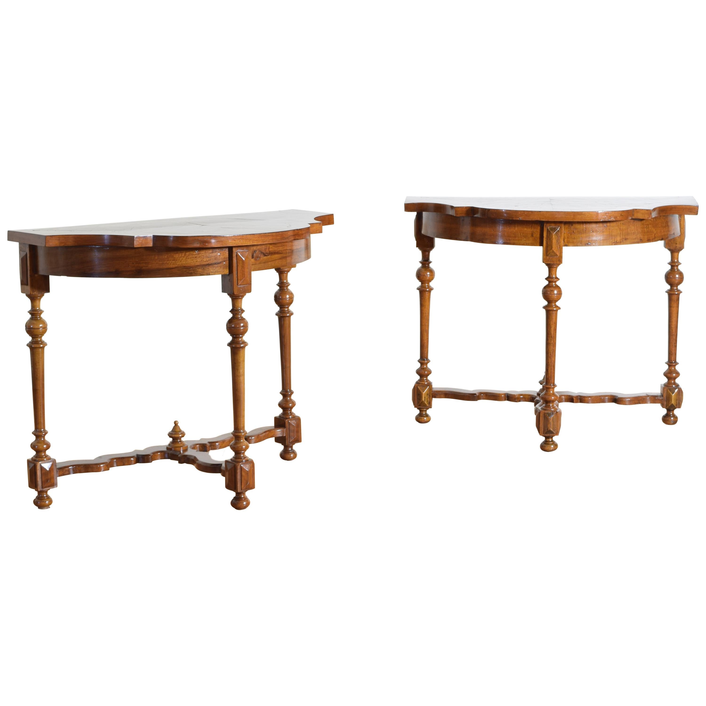 Pair Italian Louis XIV Period Olivewood & Walnut Console Tables, Early 18th Cen