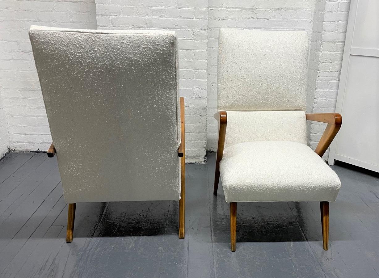 Walnut Pair Italian Lounge Chairs Style of Gio Ponti in Boucle  For Sale