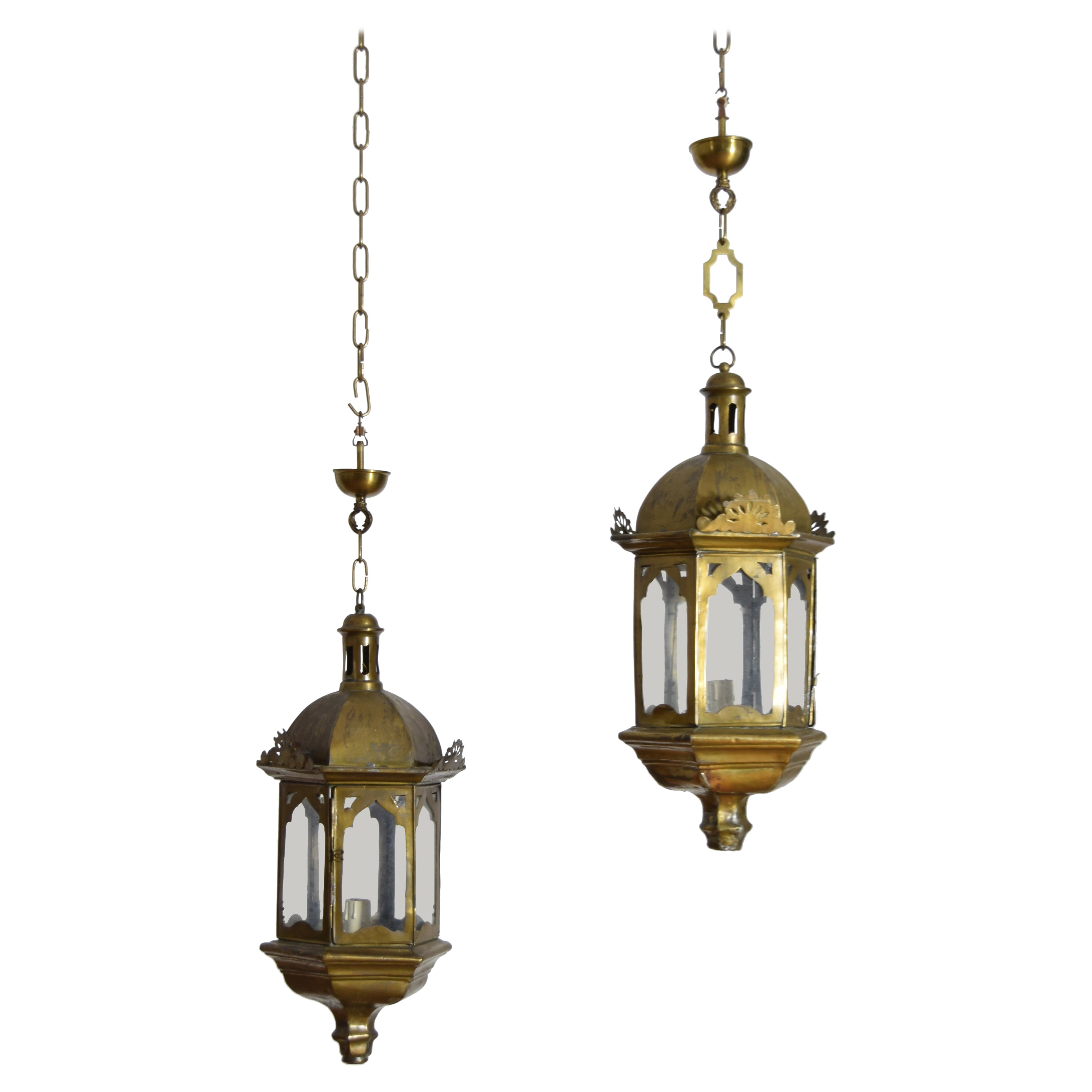 Pair Italian LXIV Period Hexagonal Brass Lanterns, 1st half 18th century