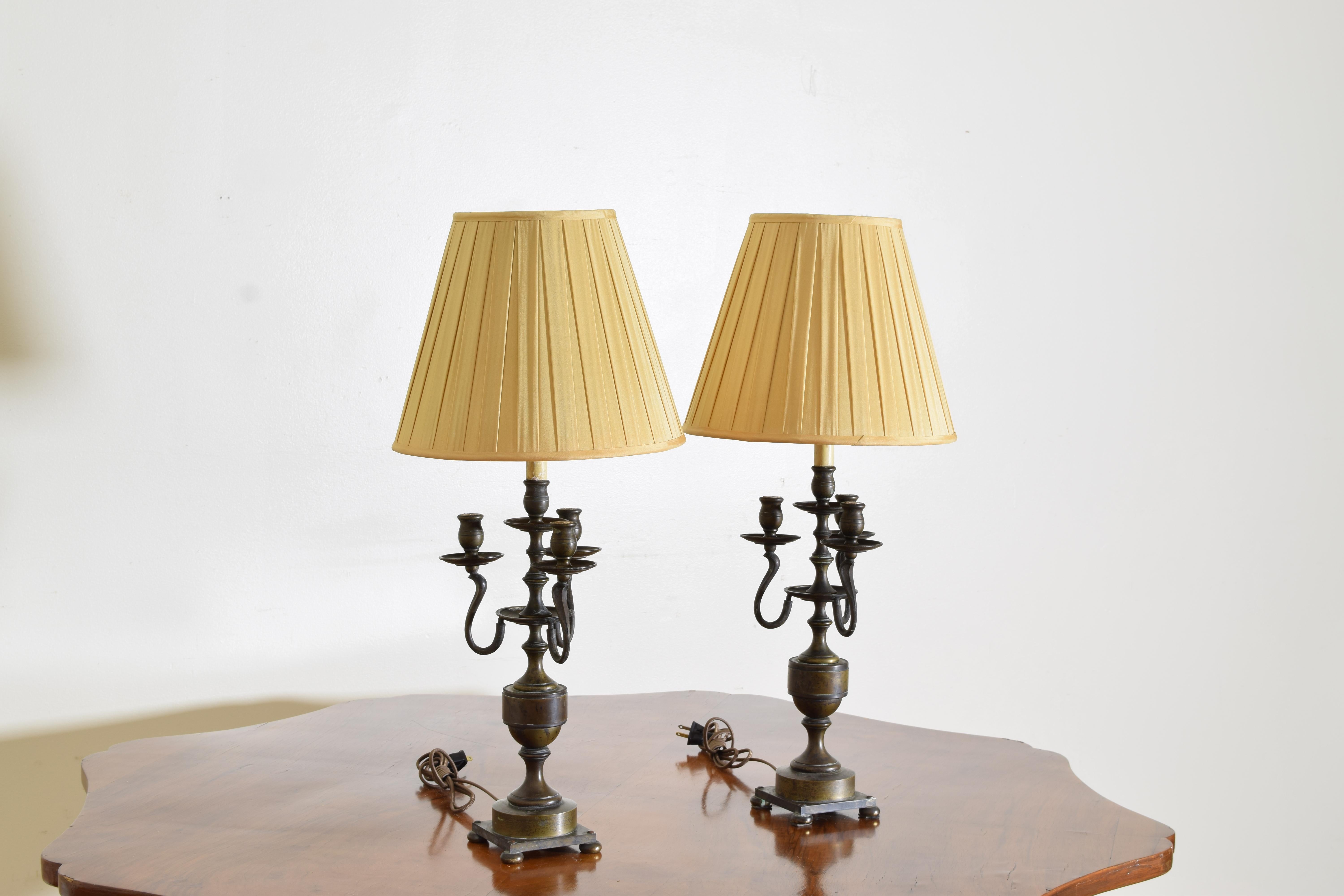 Louis XIV Pair Italian LXIV Style Bronze Candelabrum as Table Lamps, 19th century
