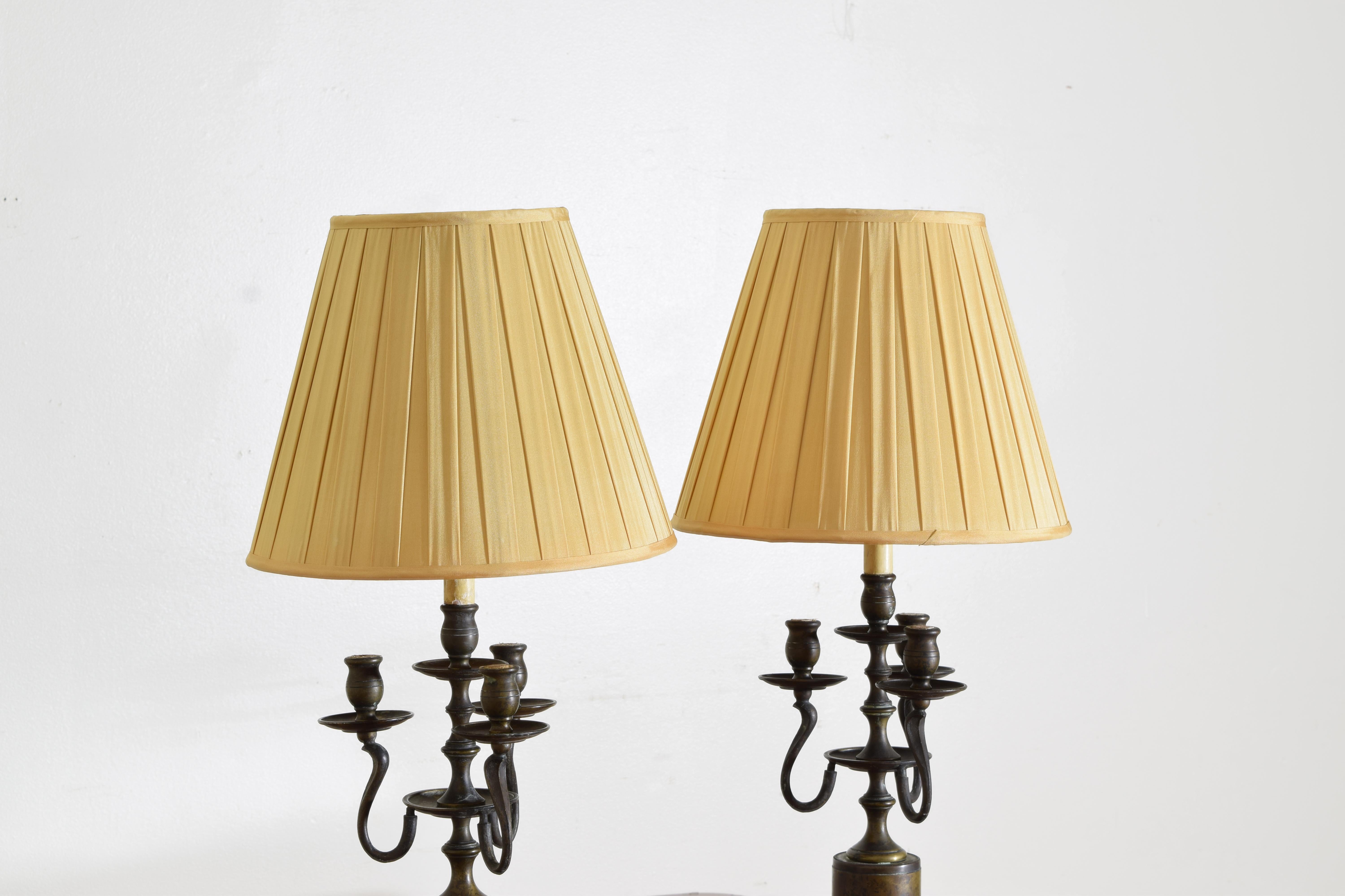 Pair Italian LXIV Style Bronze Candelabrum as Table Lamps, 19th century In Good Condition In Atlanta, GA