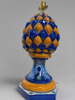 Pair, Italian Majolica Ceramic Artichoke-Form Table Lamps C. 1940