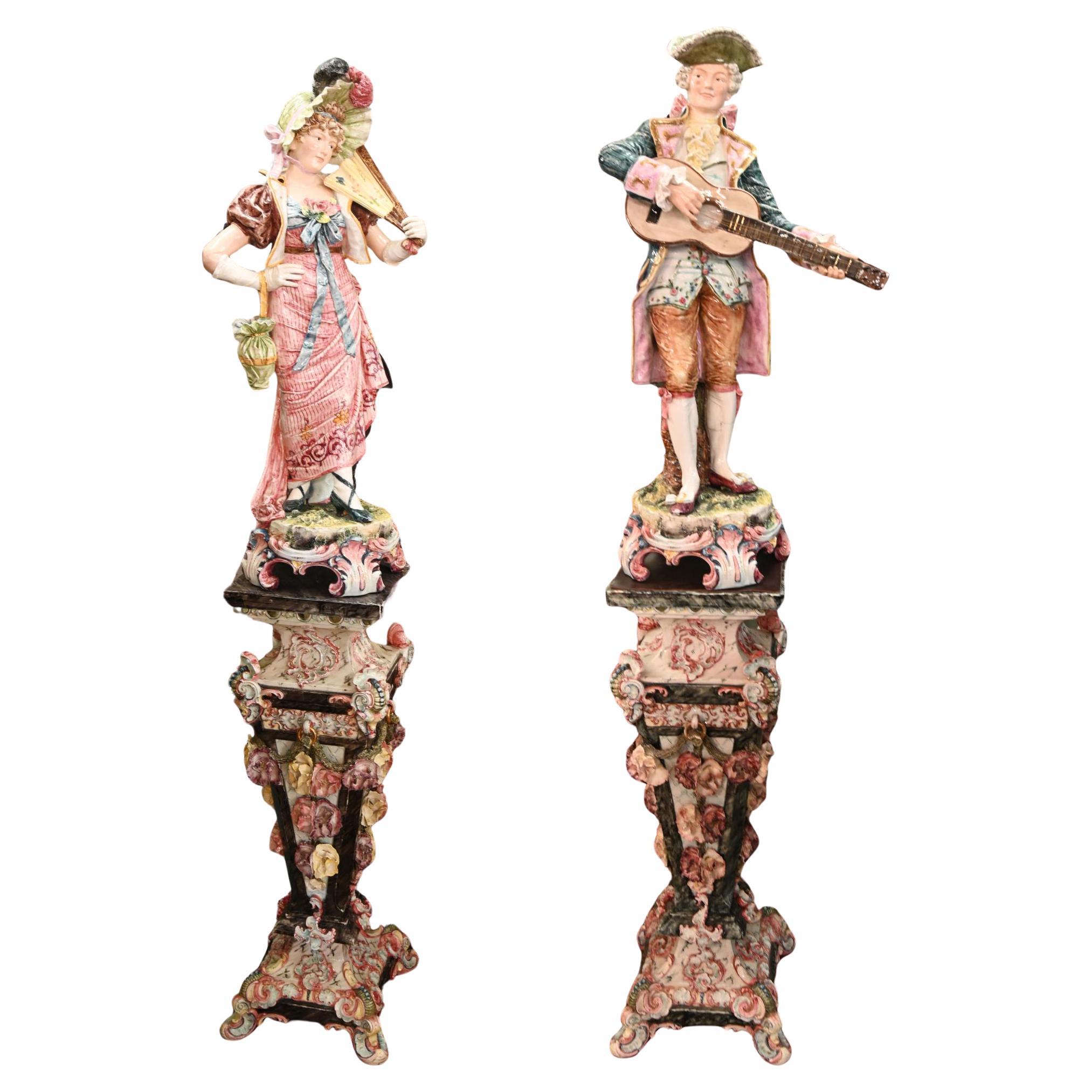 Pair Italian Majolica Porcelain Figures Statues on Pedestal Stands 1860