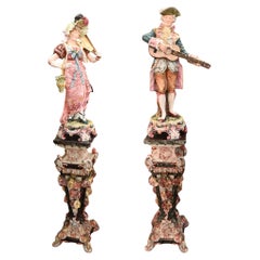 Pair Italian Majolica Porcelain Figures Statues on Pedestal Stands 1860