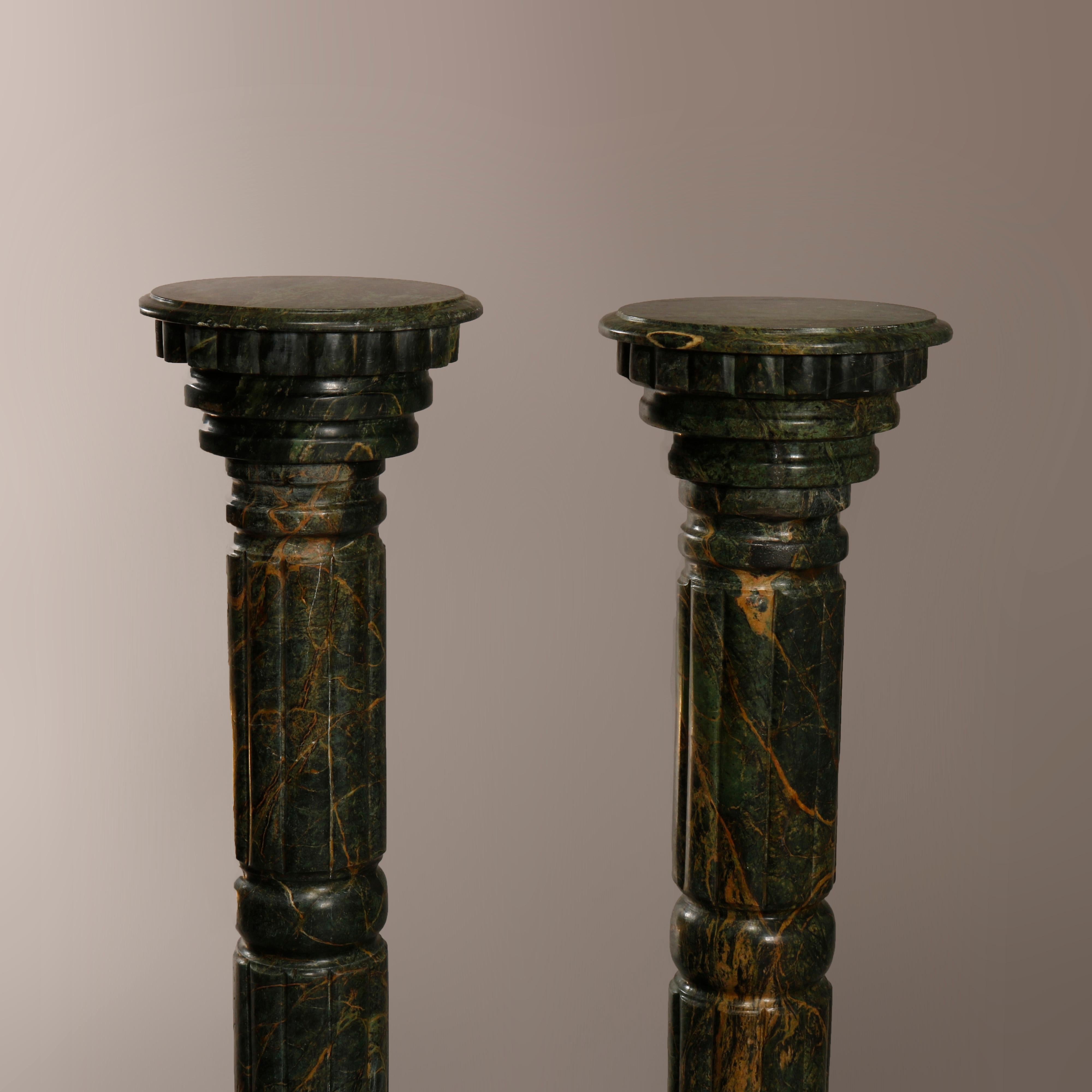 Classical Greek Pair of Italian Malachite Green Carved Marble Sculpture Display Pedestals
