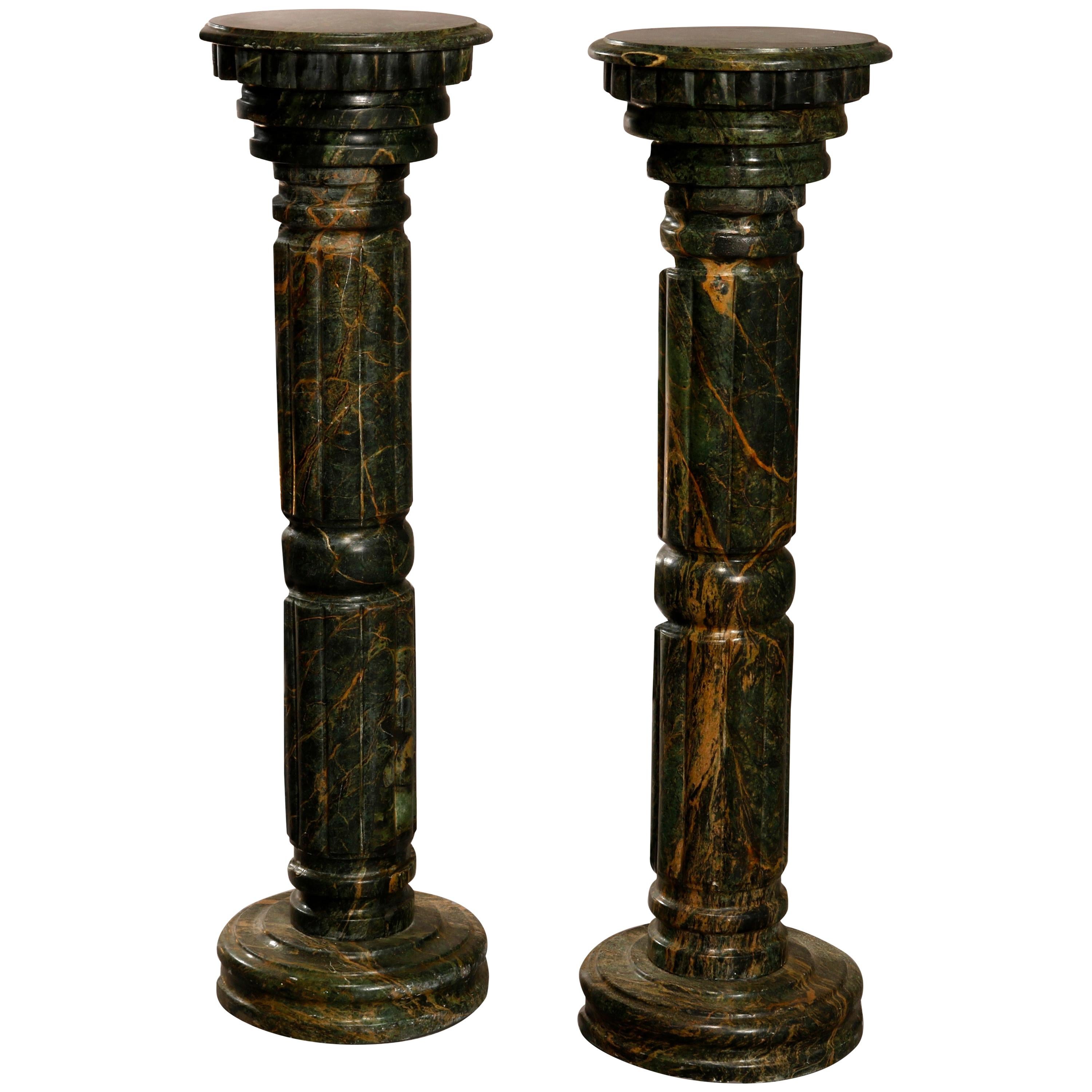 Pair of Italian Malachite Green Carved Marble Sculpture Display Pedestals