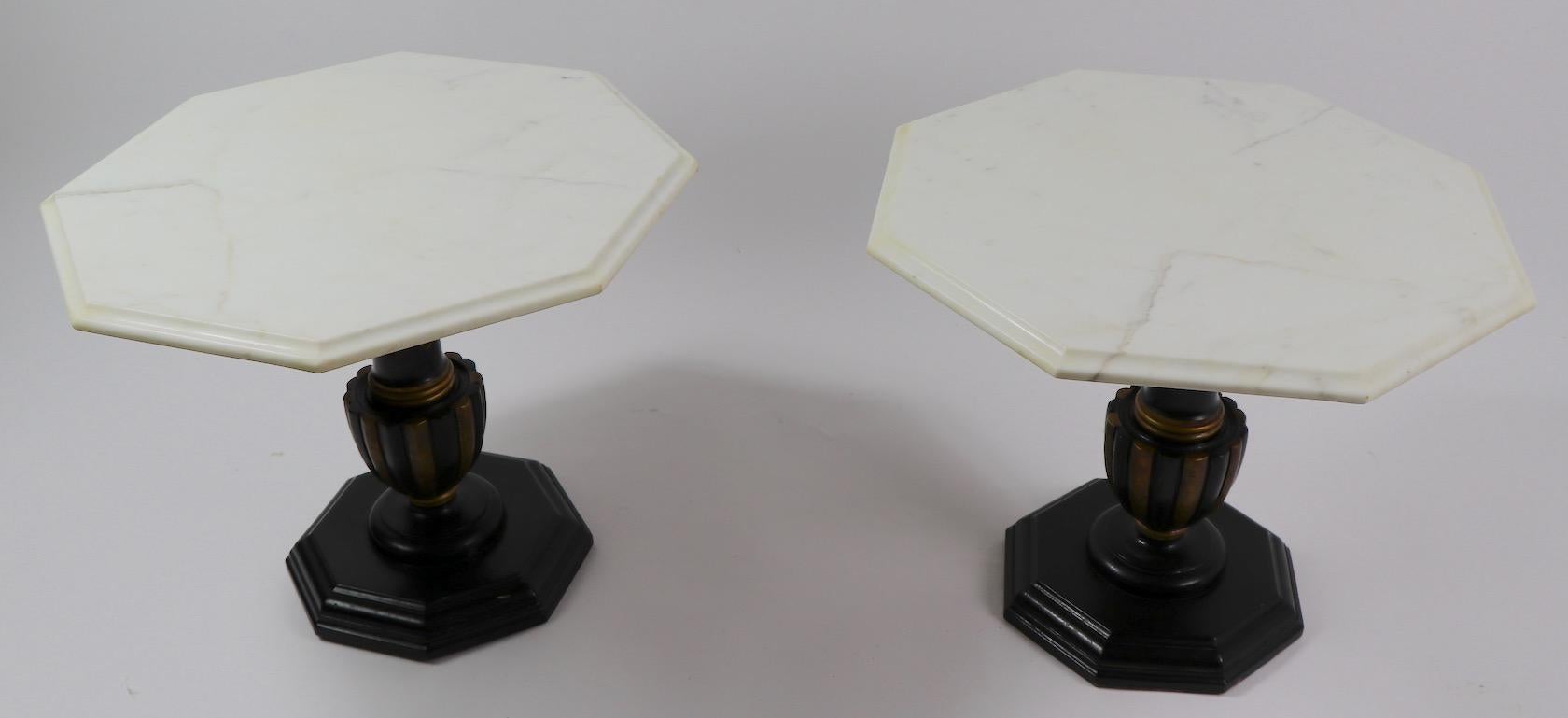 Polychromed Pair Italian Marble Top Tables with Polychrome Bases
