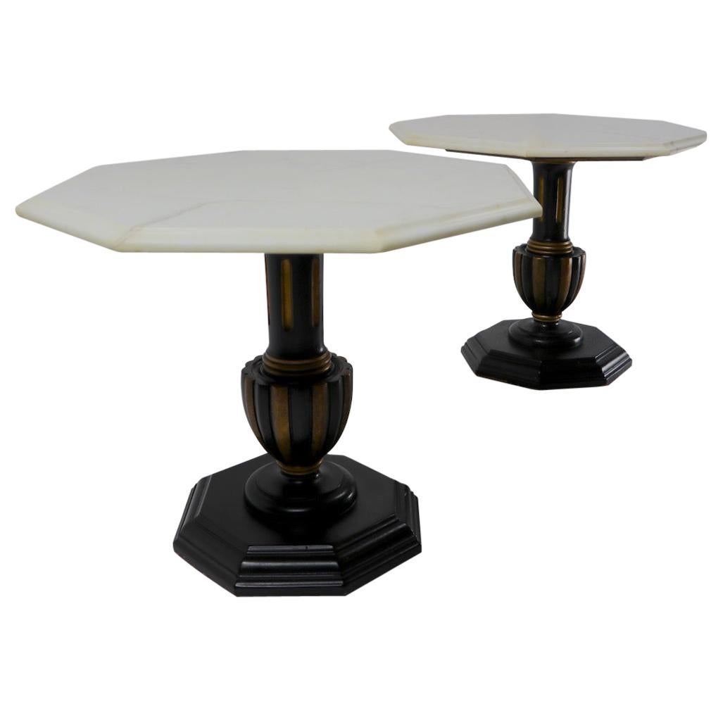 Pair Italian Marble Top Tables with Polychrome Bases