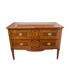 Pair Italian Marquetry Marble Top Commodes