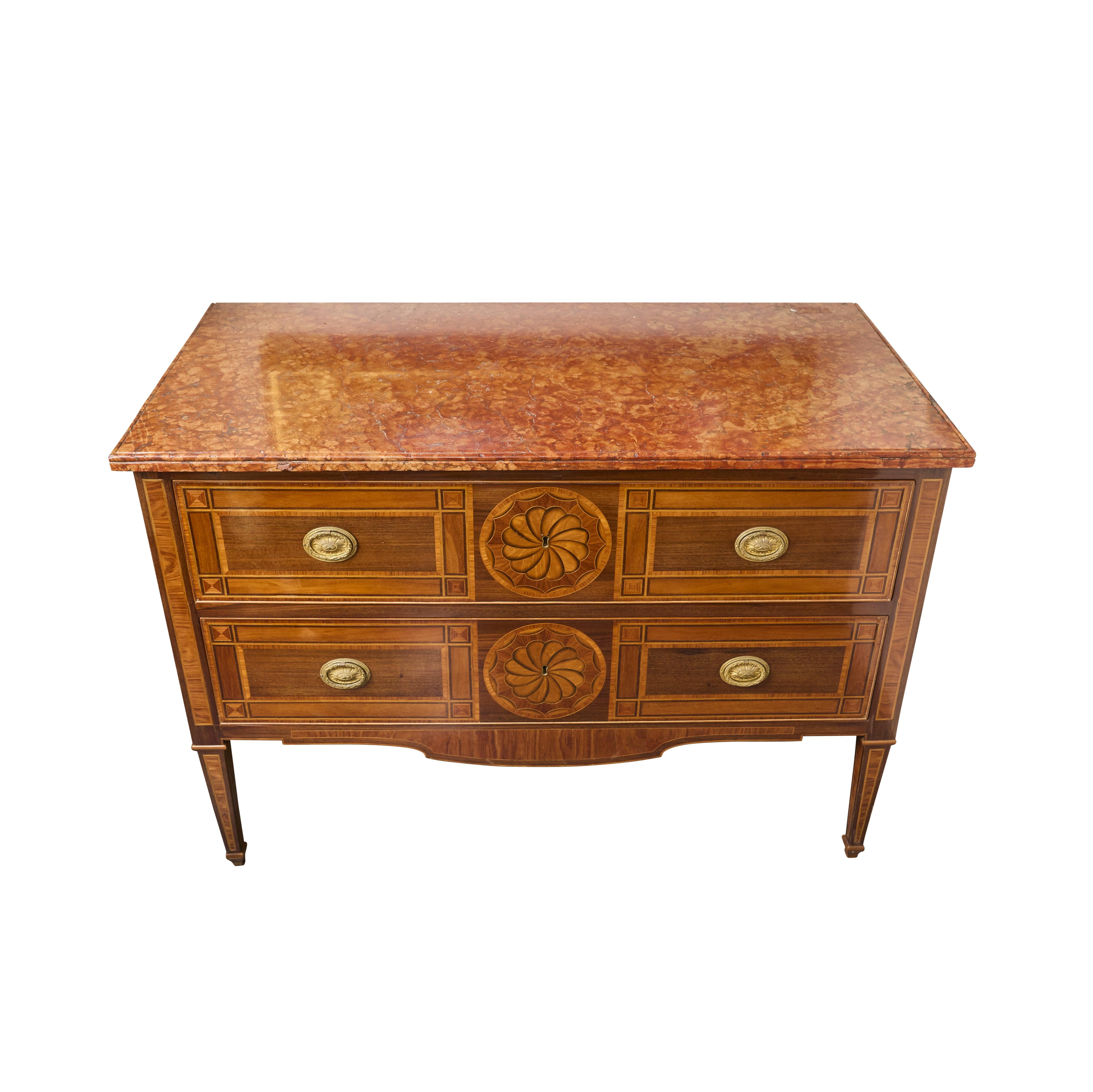 Gilt Pair Italian Marquetry Marble Top Commodes For Sale