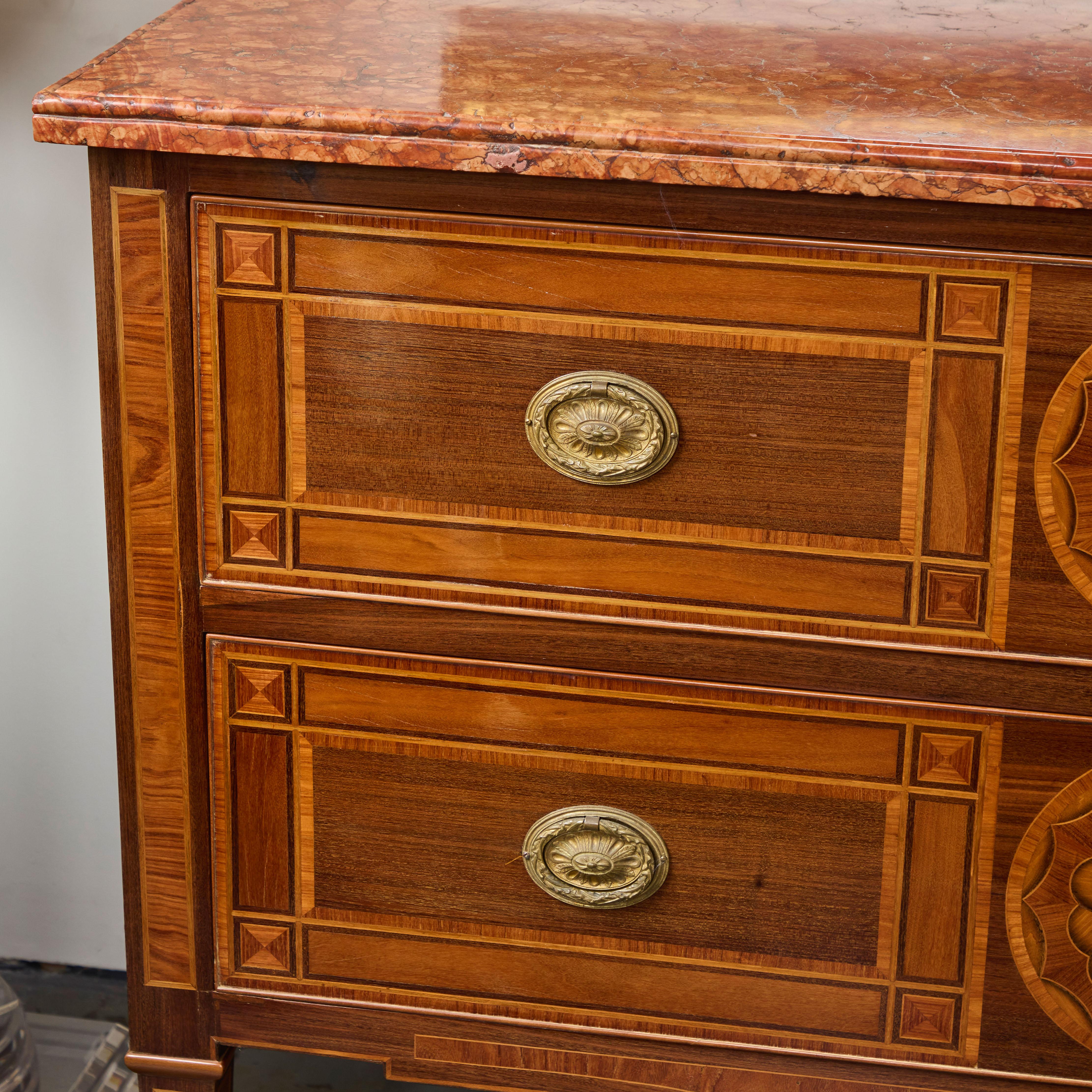 Pair Italian Marquetry Marble Top Commodes In Good Condition For Sale In Los Angeles, CA