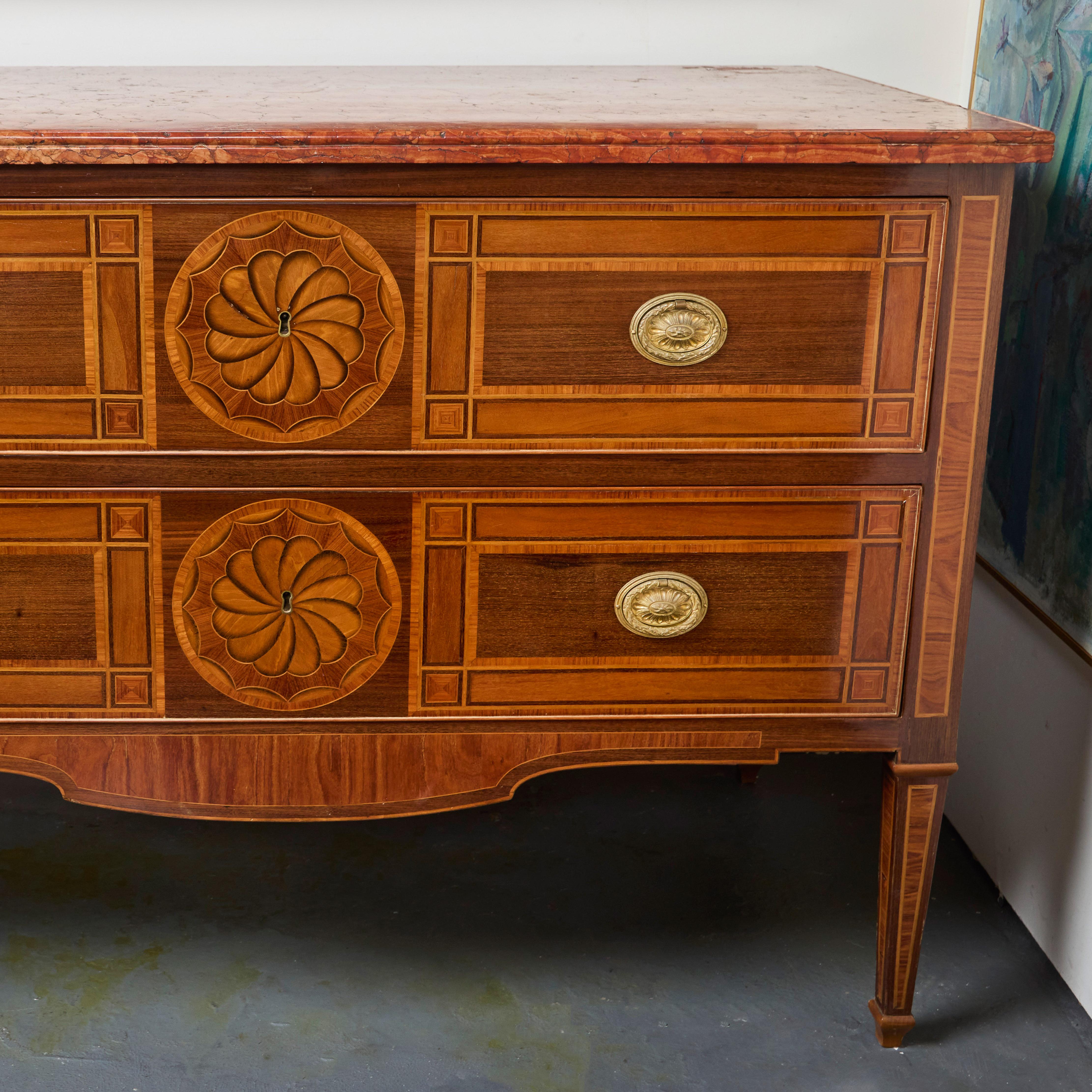Early 19th Century Pair Italian Marquetry Marble Top Commodes For Sale