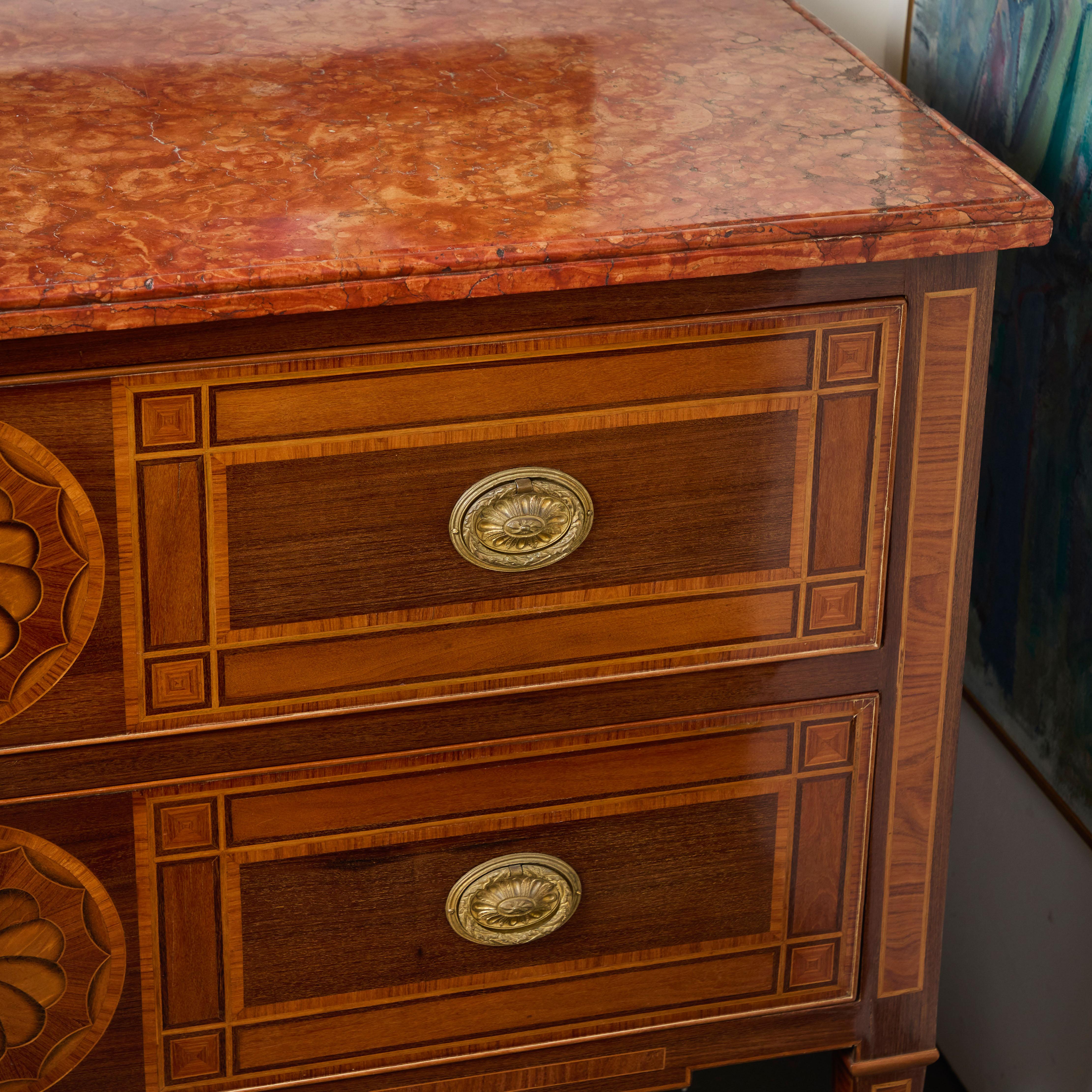 Pair Italian Marquetry Marble Top Commodes For Sale 1