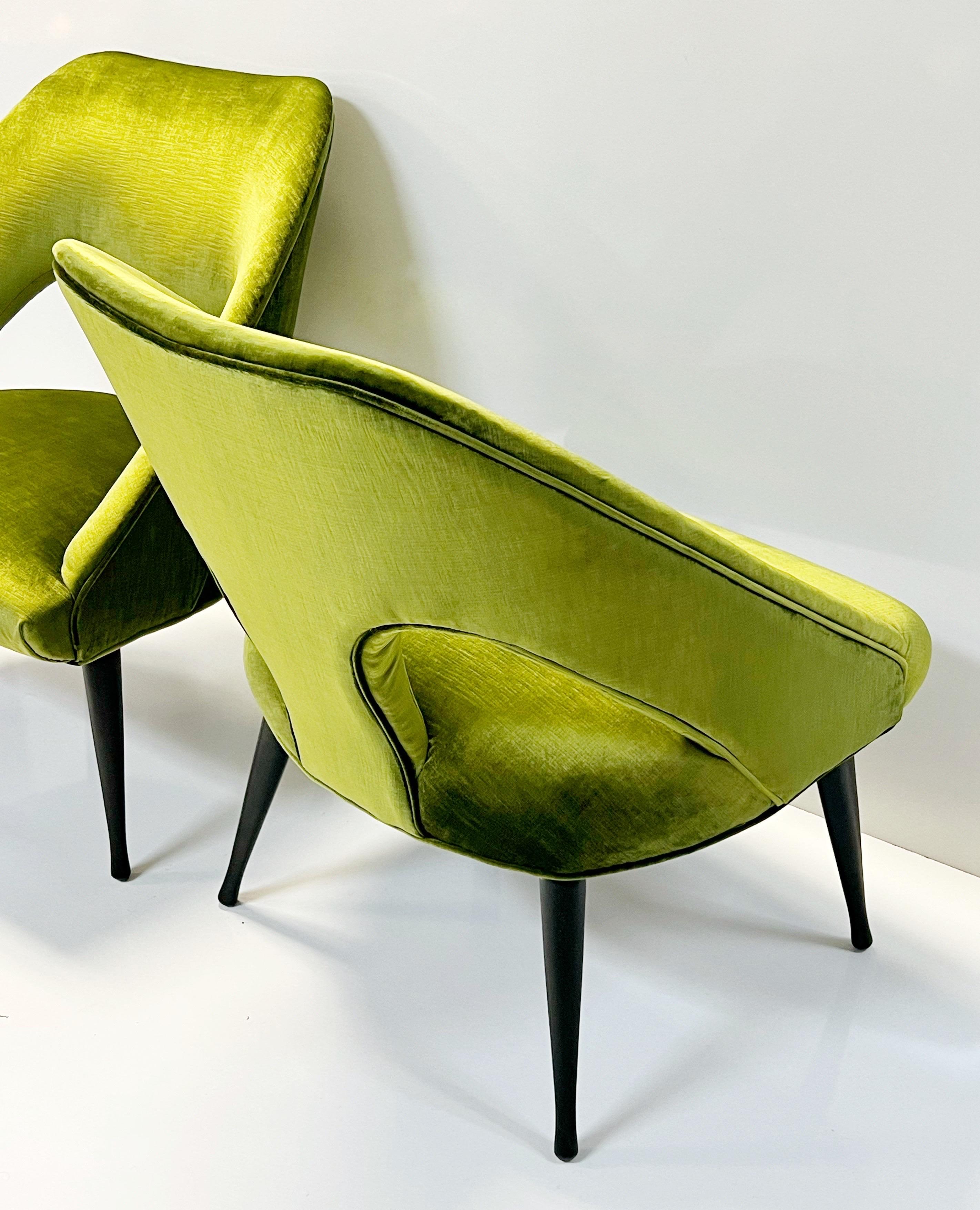 Upholstery Pair Italian MCM Lounge Chairs in Moss Green Velvet, 1950s