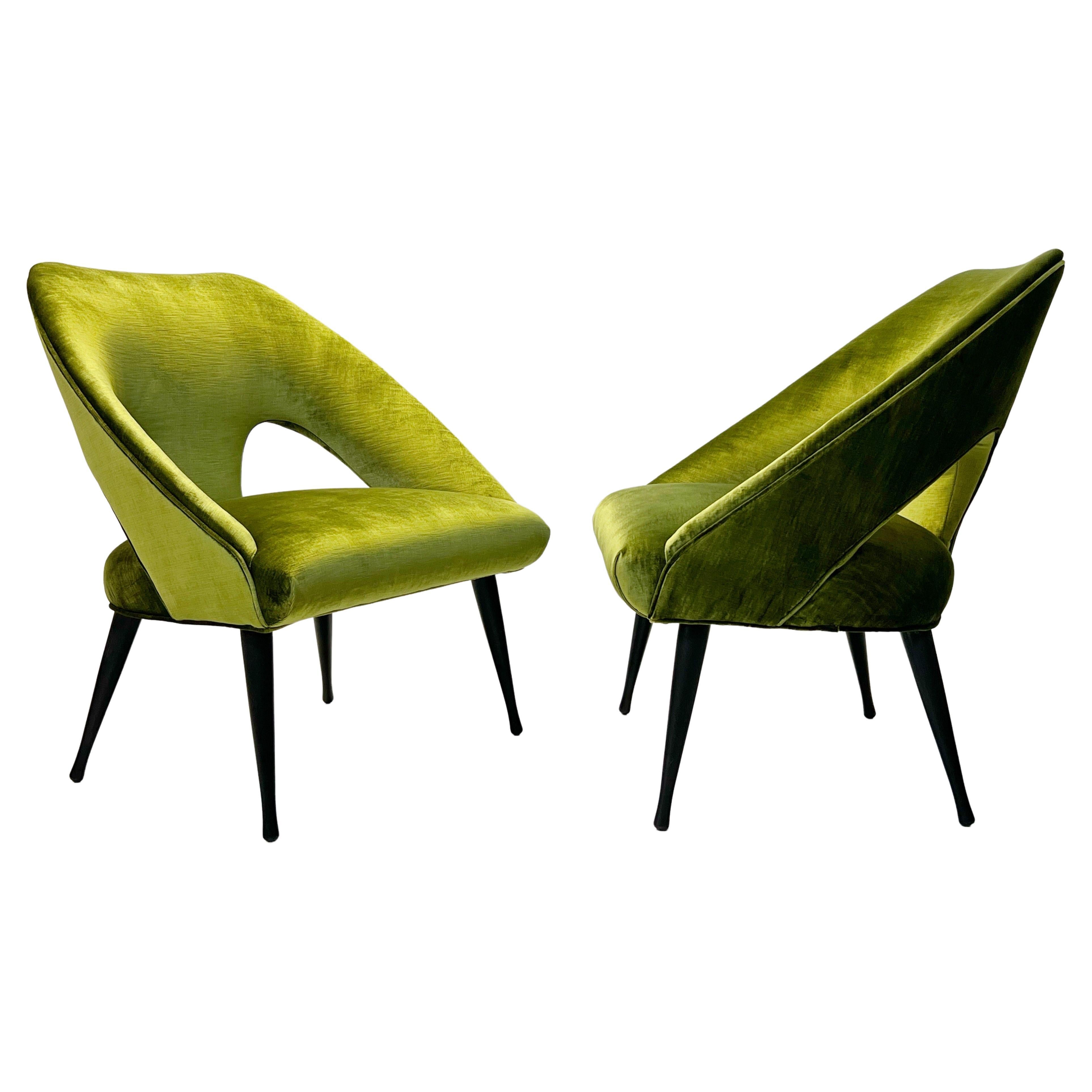 Pair Italian MCM Lounge Chairs in Moss Green Velvet, 1950s