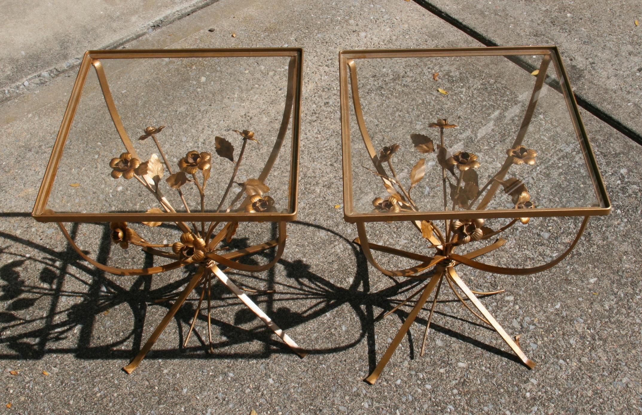 3-778 Pair hand made metal flowers  and glass top side tables.