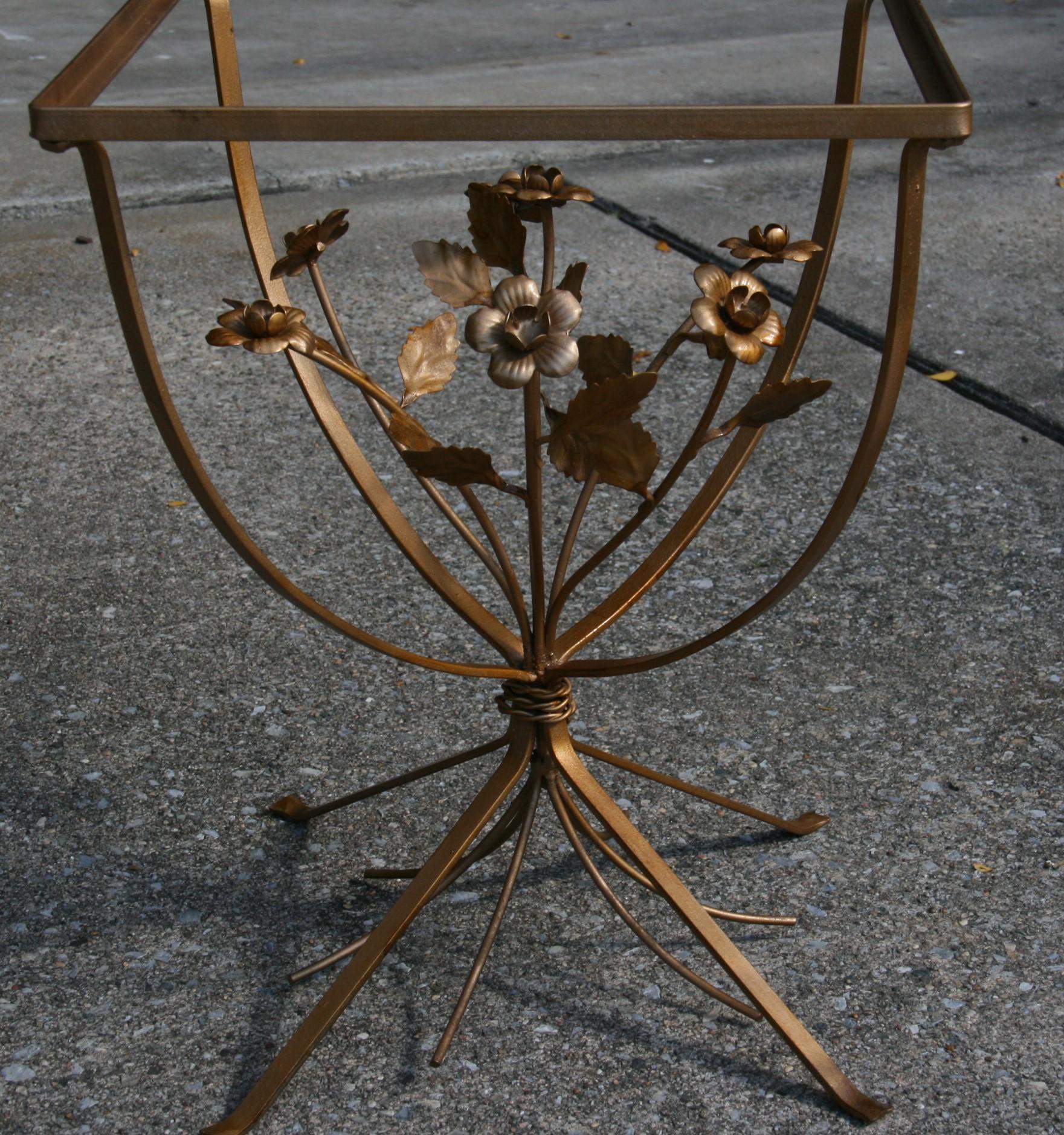 Mid-20th Century Pair Italian Metal  and Glass Top Roses and Leaves Side Tables 1960's For Sale