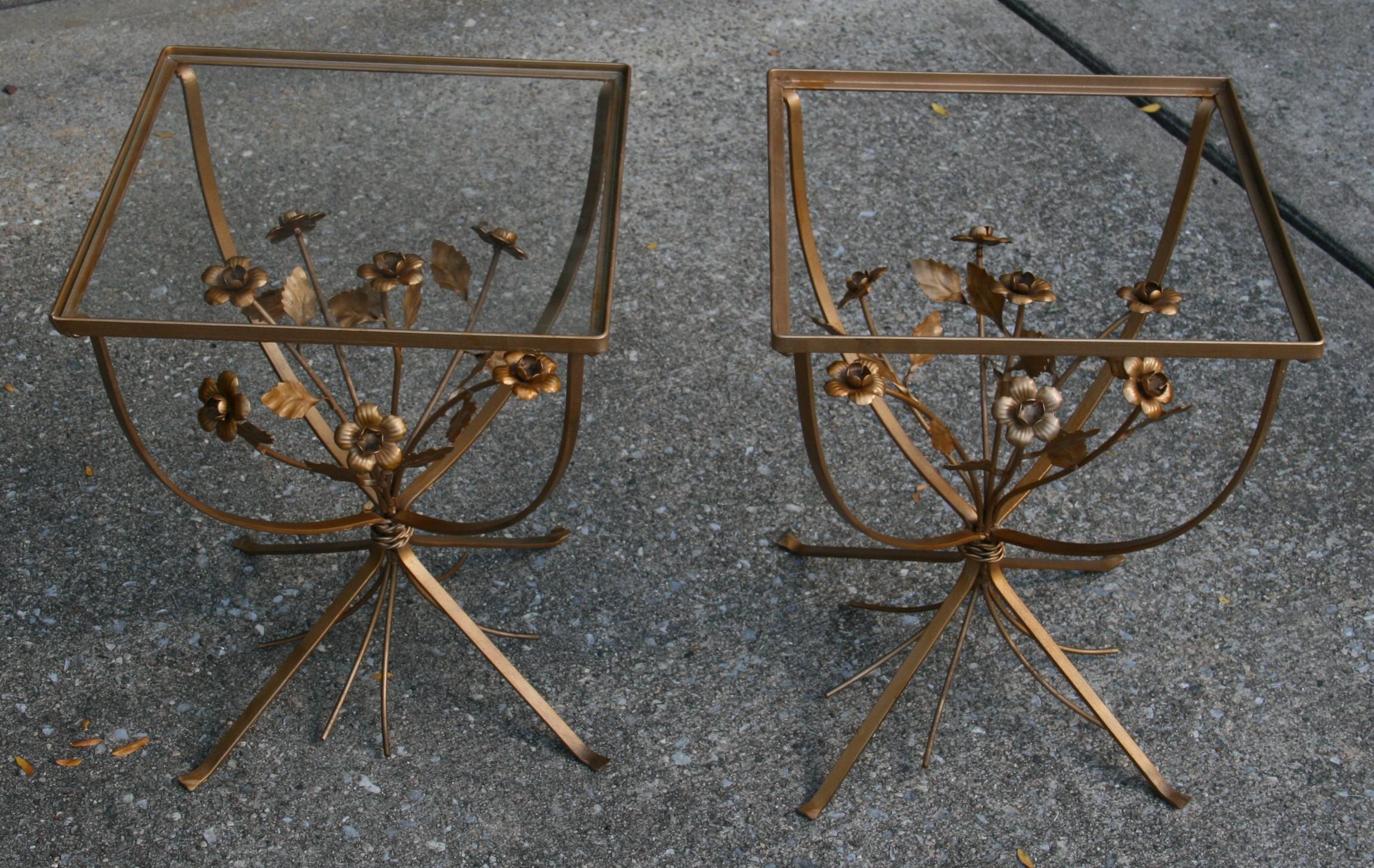 Pair Italian Metal  and Glass Top Roses and Leaves Side Tables 1960's For Sale 4