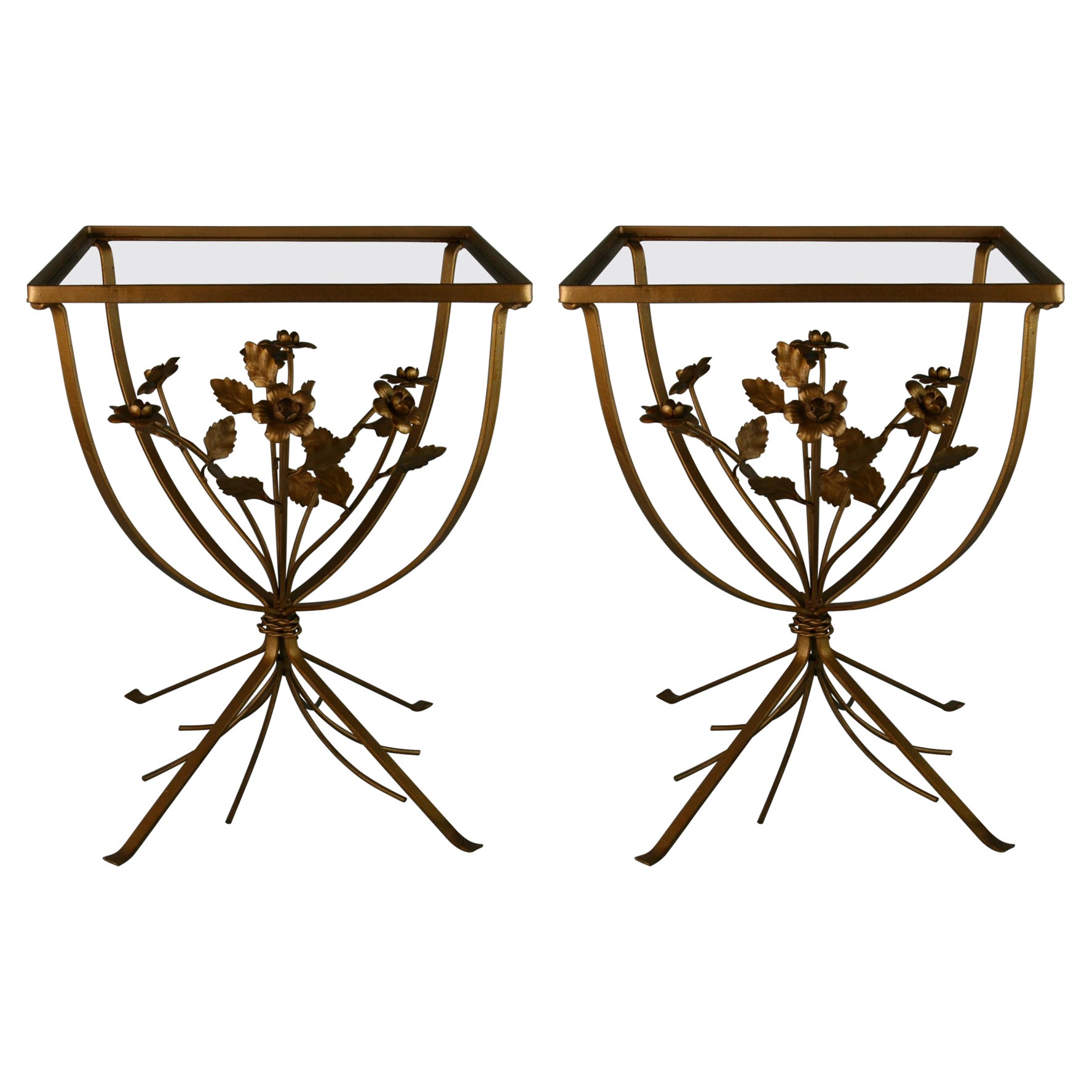 Pair Italian Metal  and Glass Top Roses and Leaves Side Tables 1960's