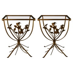Pair Italian Metal  and Glass Top Roses and Leaves Side Tables 1960's