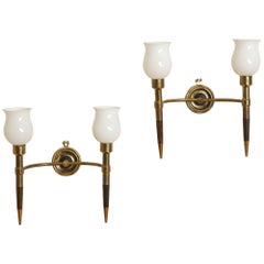 Pair Italian Mid 20th Cen. Mahogany. Brass, & Glass 2-Arm Wall Sconces
