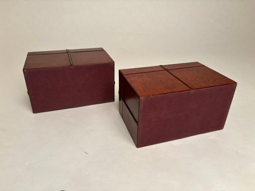 Pair Italian Mid 20th Century Hand Stitched Leather Boxes For Sale 1