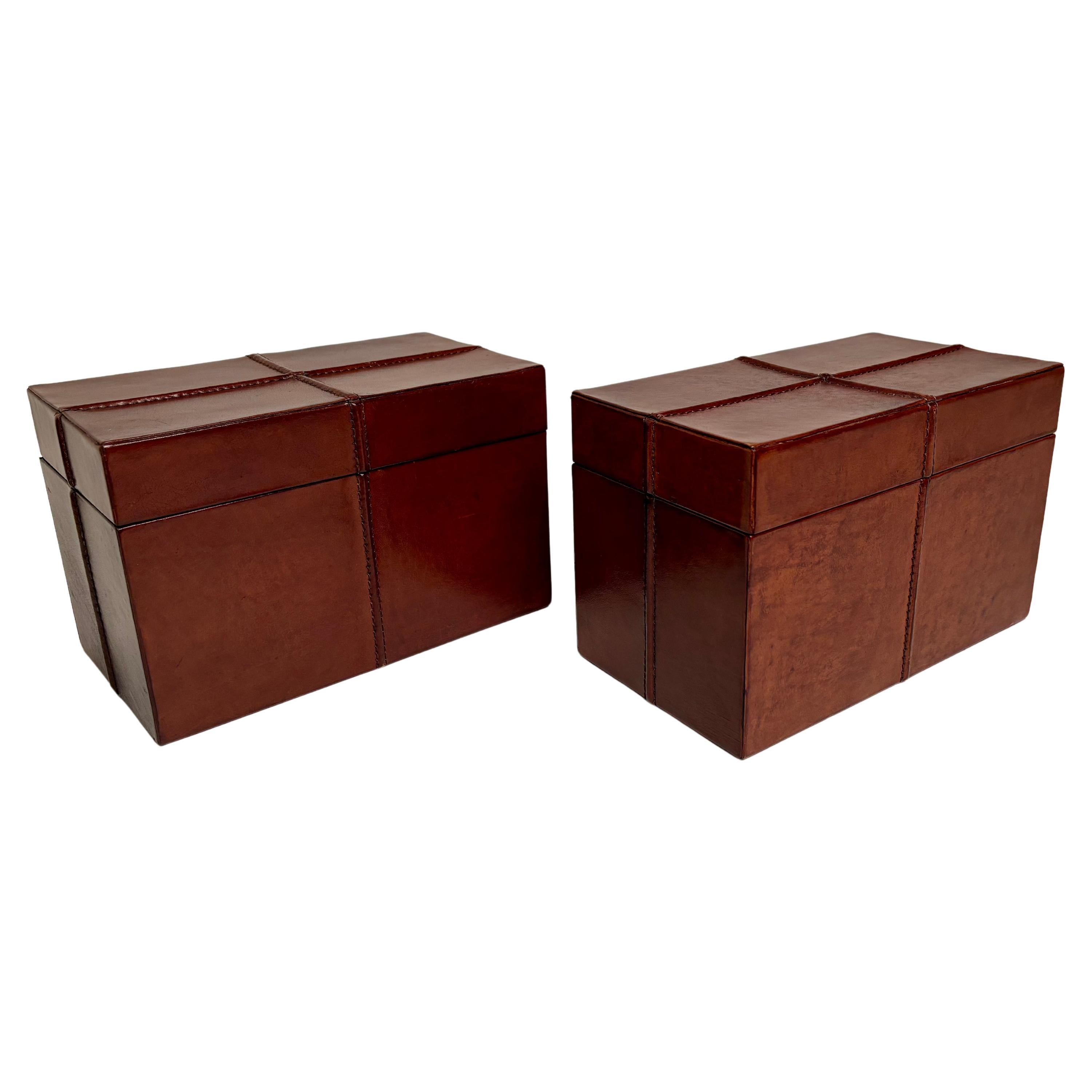 Pair Italian Mid 20th Century Hand Stitched Leather Boxes