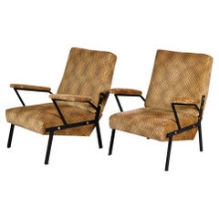 Pair Italian Midcentury Armchairs with Black Metal Frames and New Upholstery
