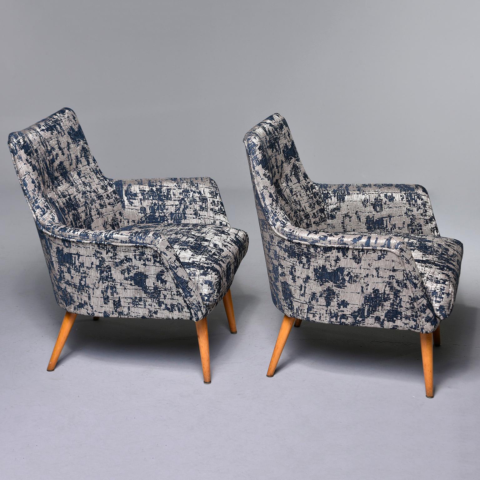 Pair of Italian Midcentury Armchairs with Blue and Silver Upholstery 1