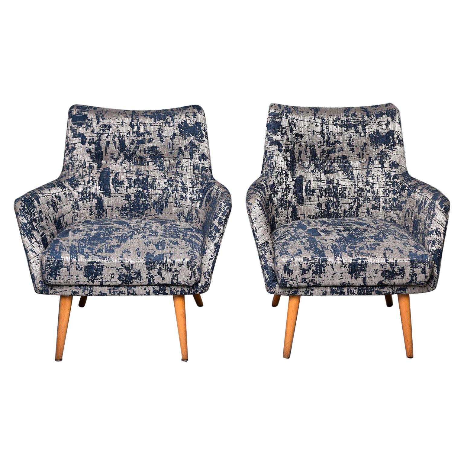 Pair of Italian Midcentury Armchairs with Blue and Silver Upholstery