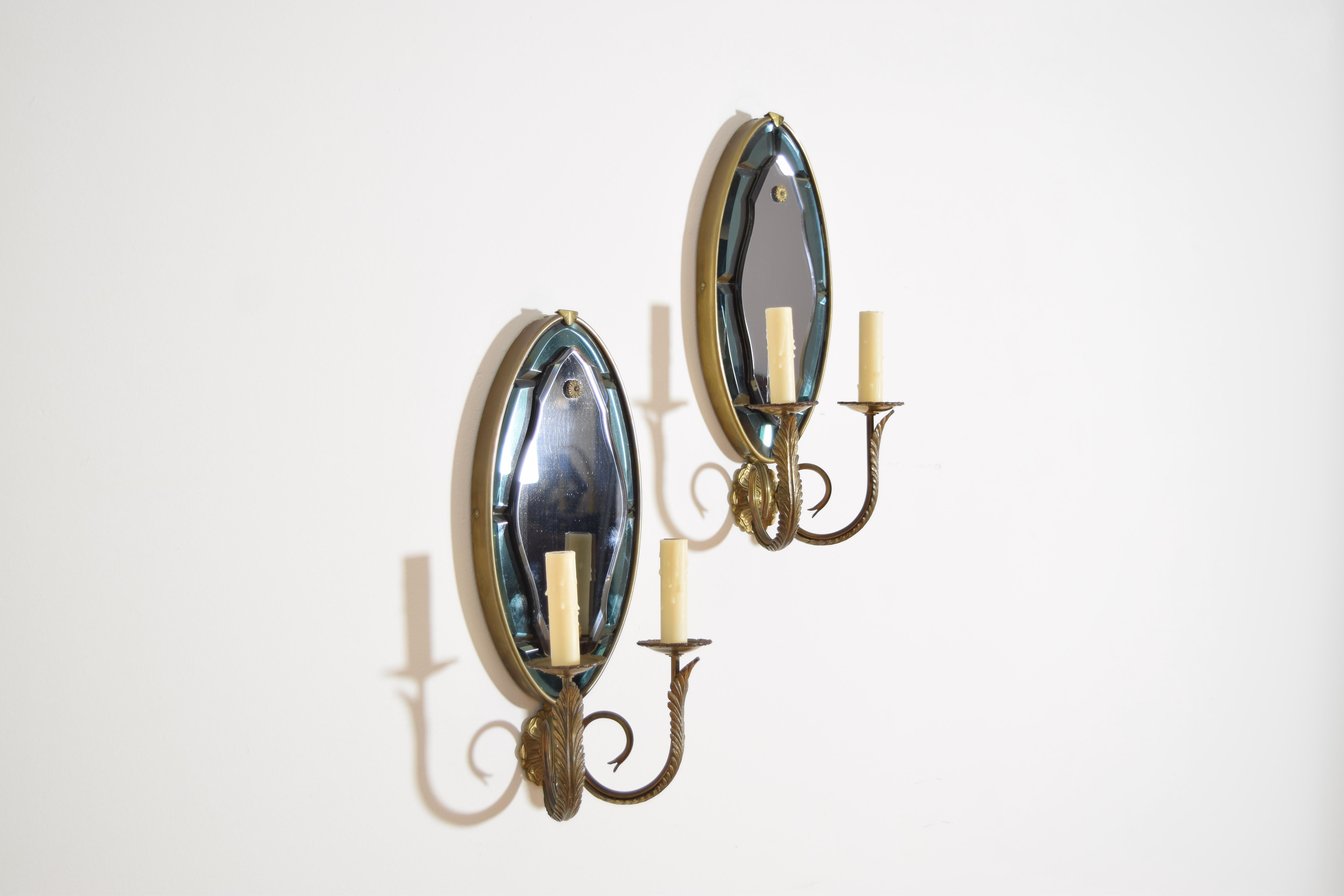 Mid-Century Modern Pair Italian Mid Century Brass and Beveled Glass 2-Arm Sconces For Sale