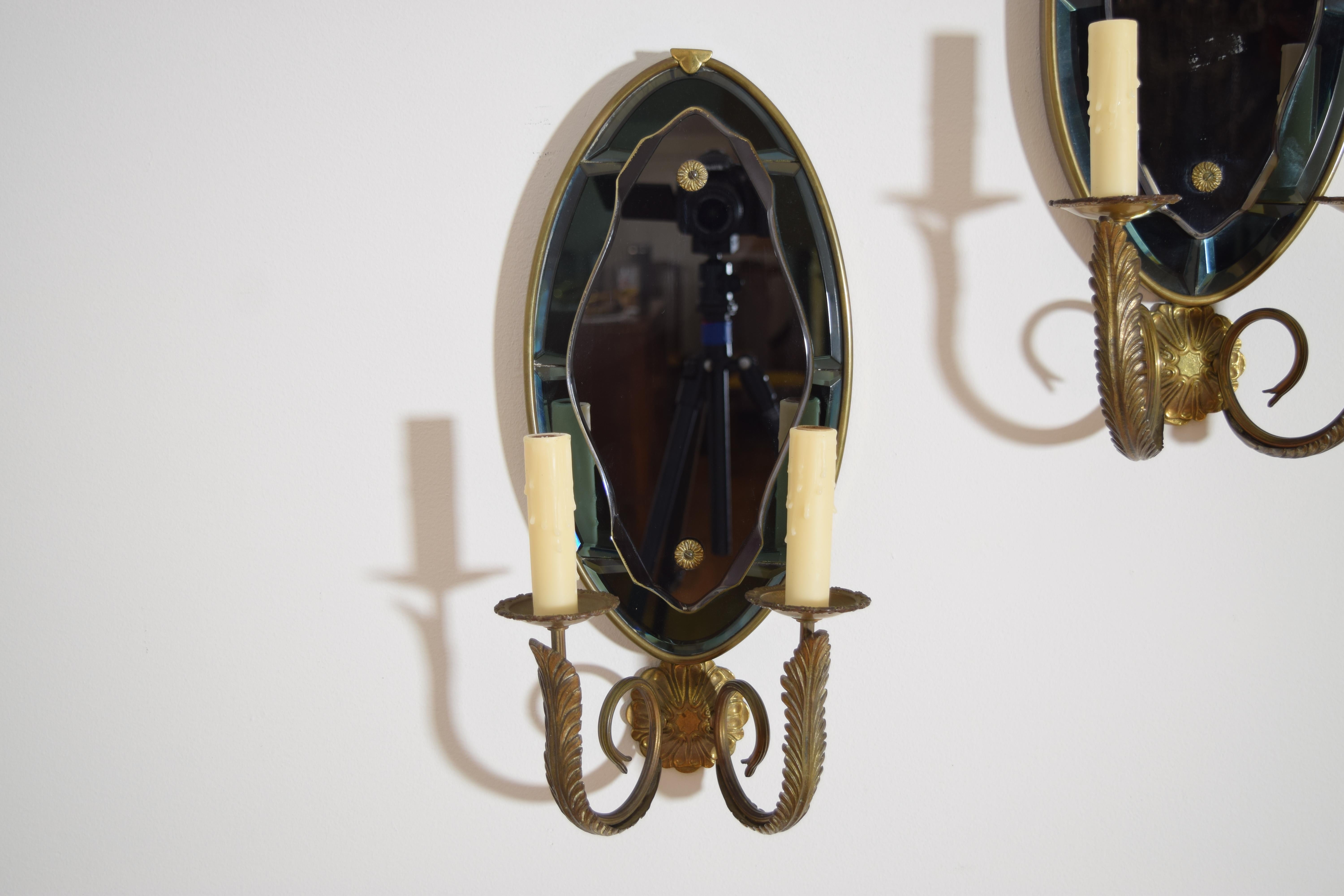 Pair Italian Mid Century Brass and Beveled Glass 2-Arm Sconces In Good Condition For Sale In Atlanta, GA