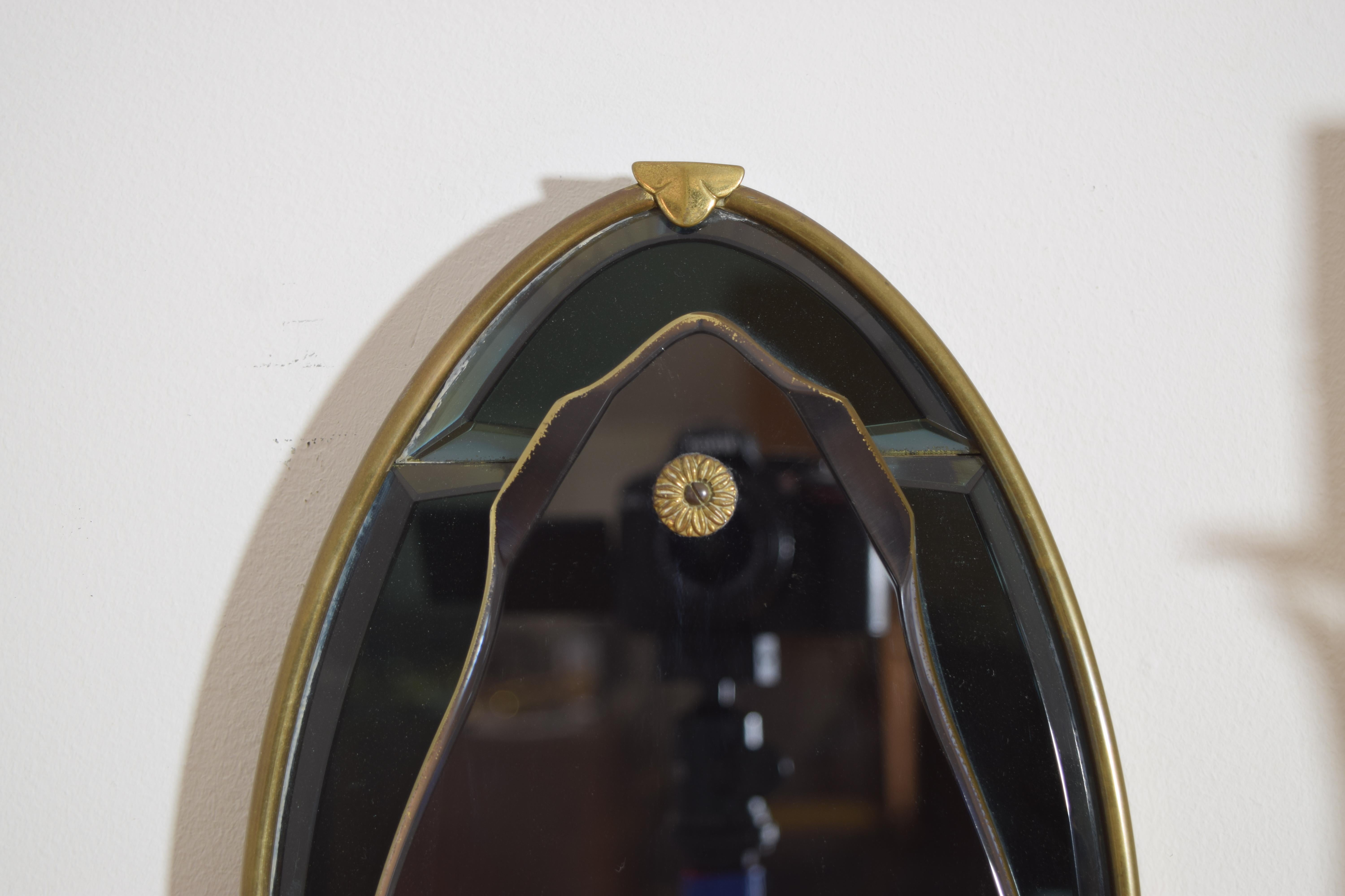 20th Century Pair Italian Mid Century Brass and Beveled Glass 2-Arm Sconces For Sale