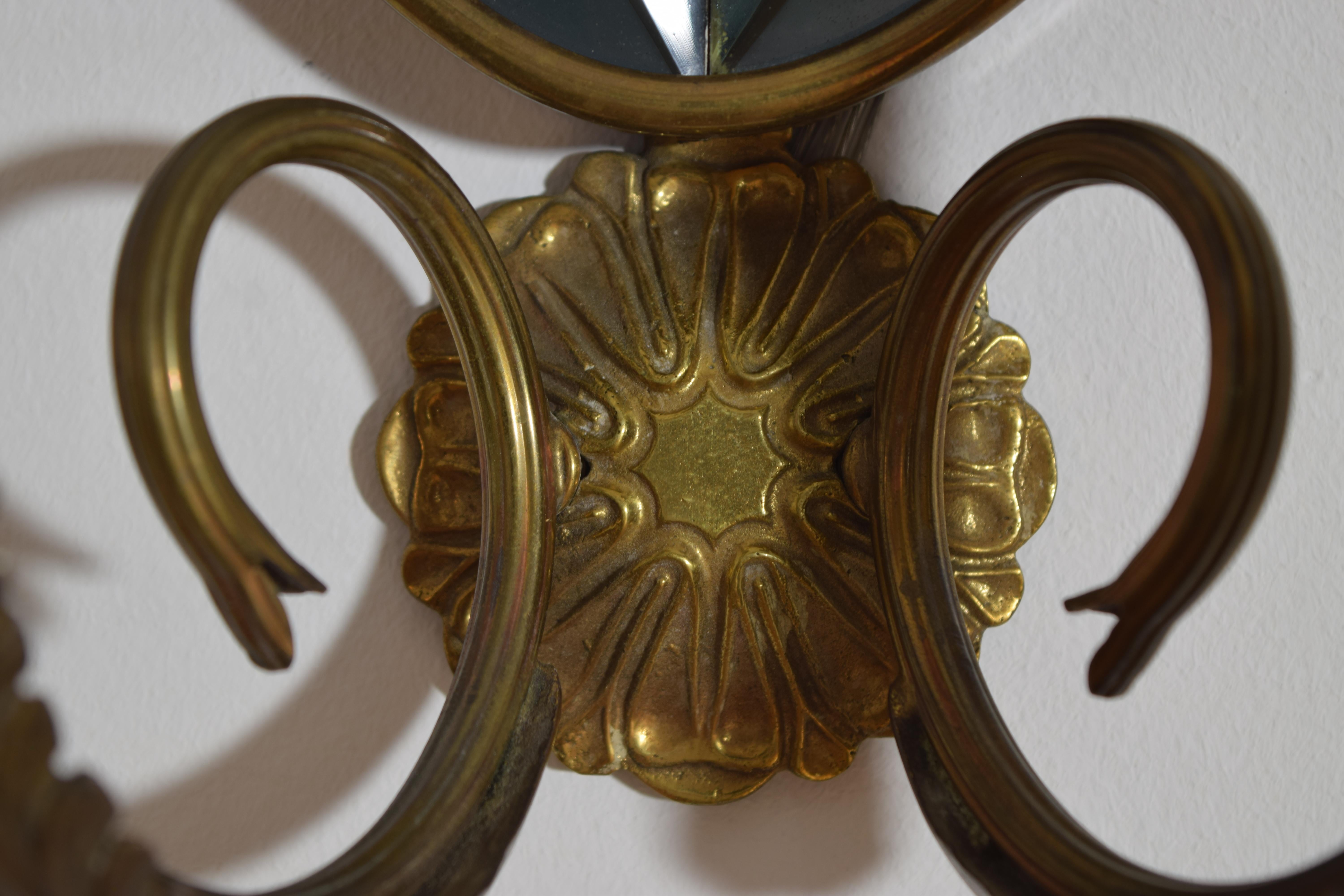 Pair Italian Mid Century Brass and Beveled Glass 2-Arm Sconces For Sale 1