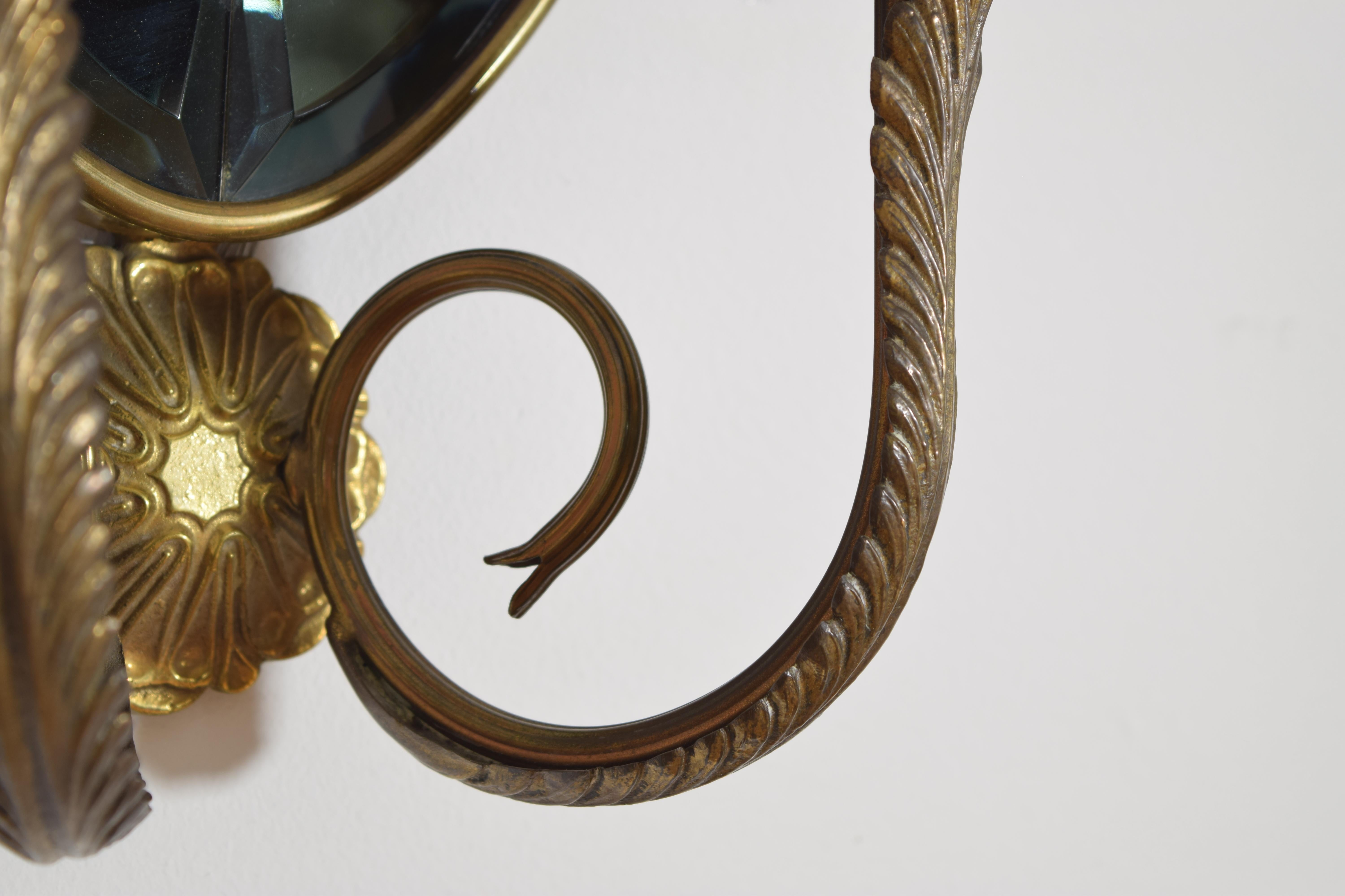 Pair Italian Mid Century Brass and Beveled Glass 2-Arm Sconces For Sale 2