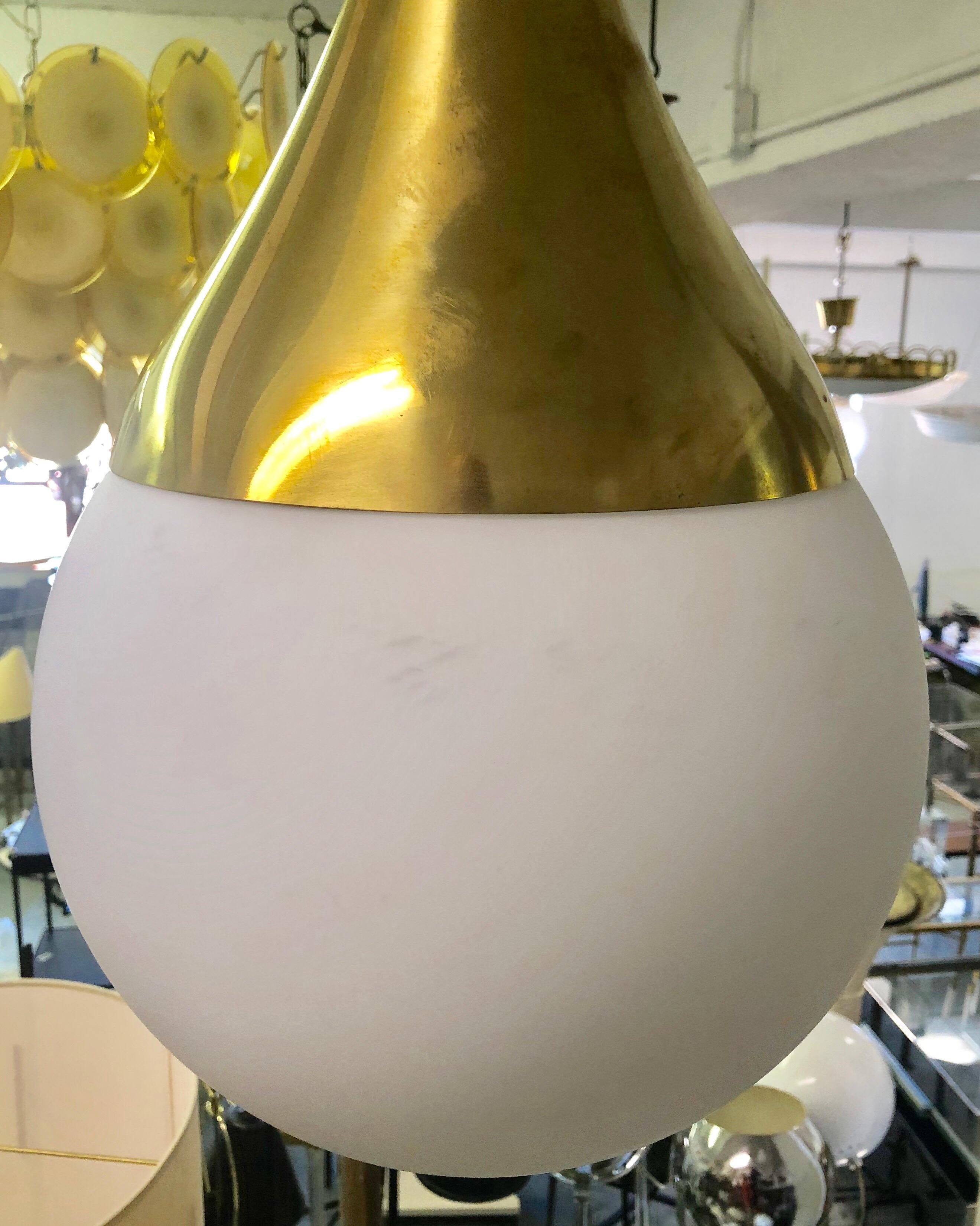 20th Century 2 Italian Mid-Century Brass & Opaline Glass Pendants, Max Ingrand & Fontana Arte For Sale