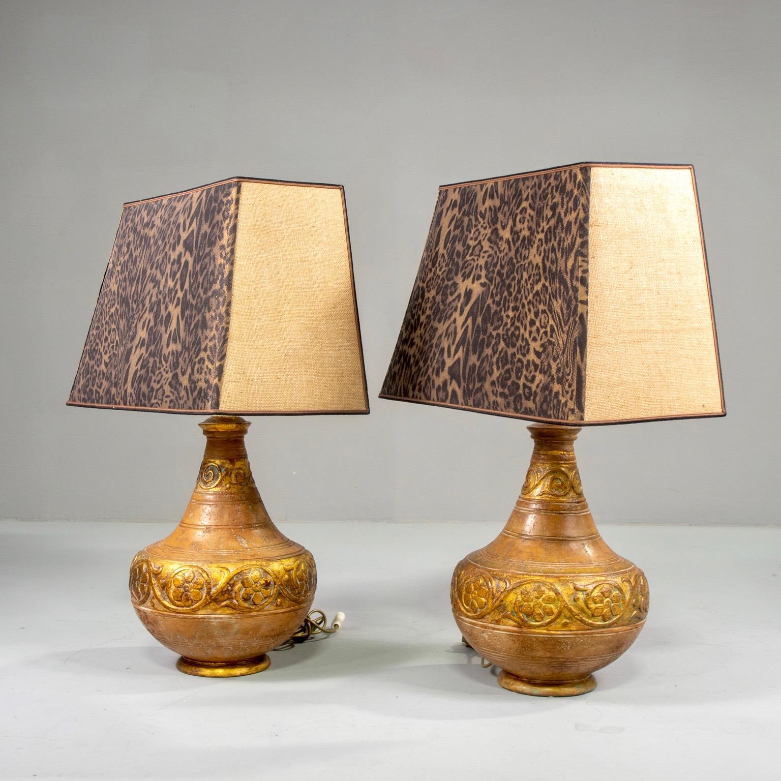 Pair of Italian Midcentury Ceramic Lamps with Leopard Print Shades In Good Condition In Troy, MI