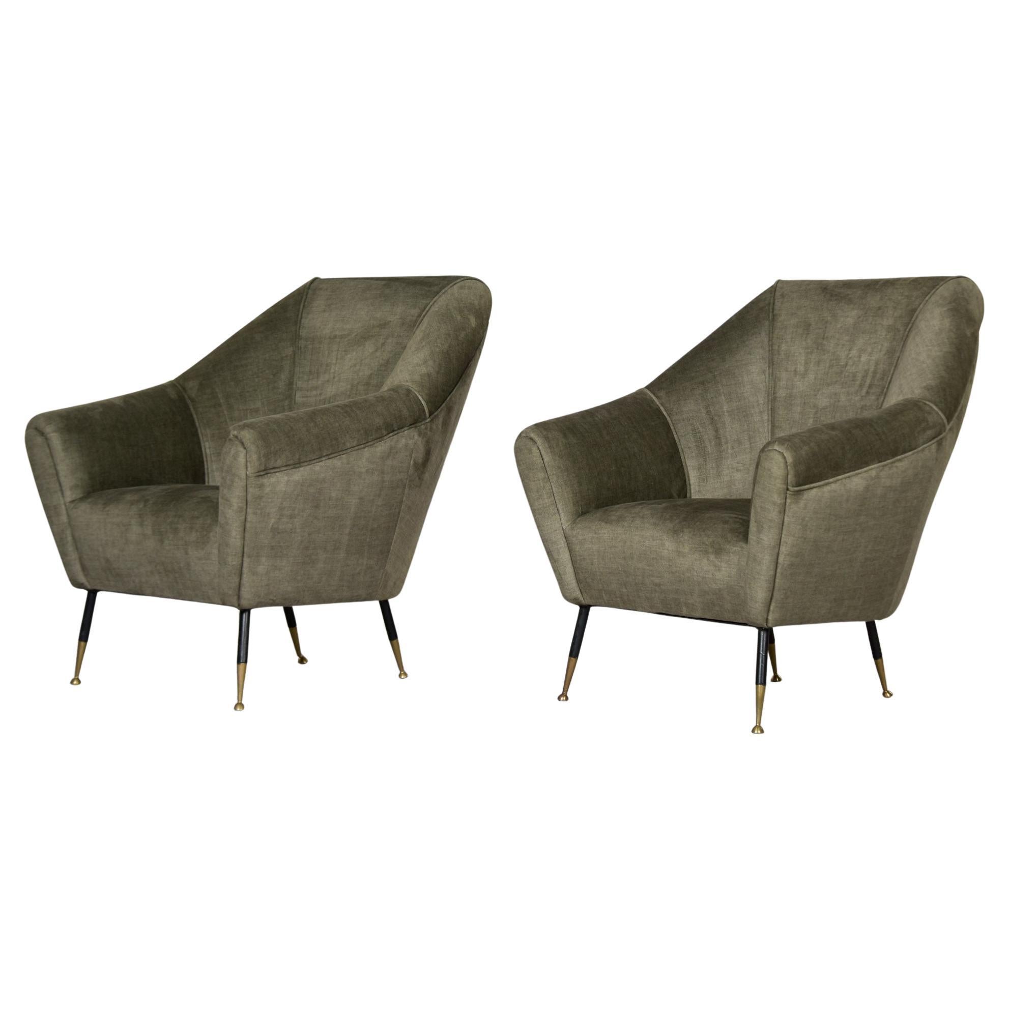 Pair Italian Mid Century Chairs with New Sage Green Chenille Upholstery