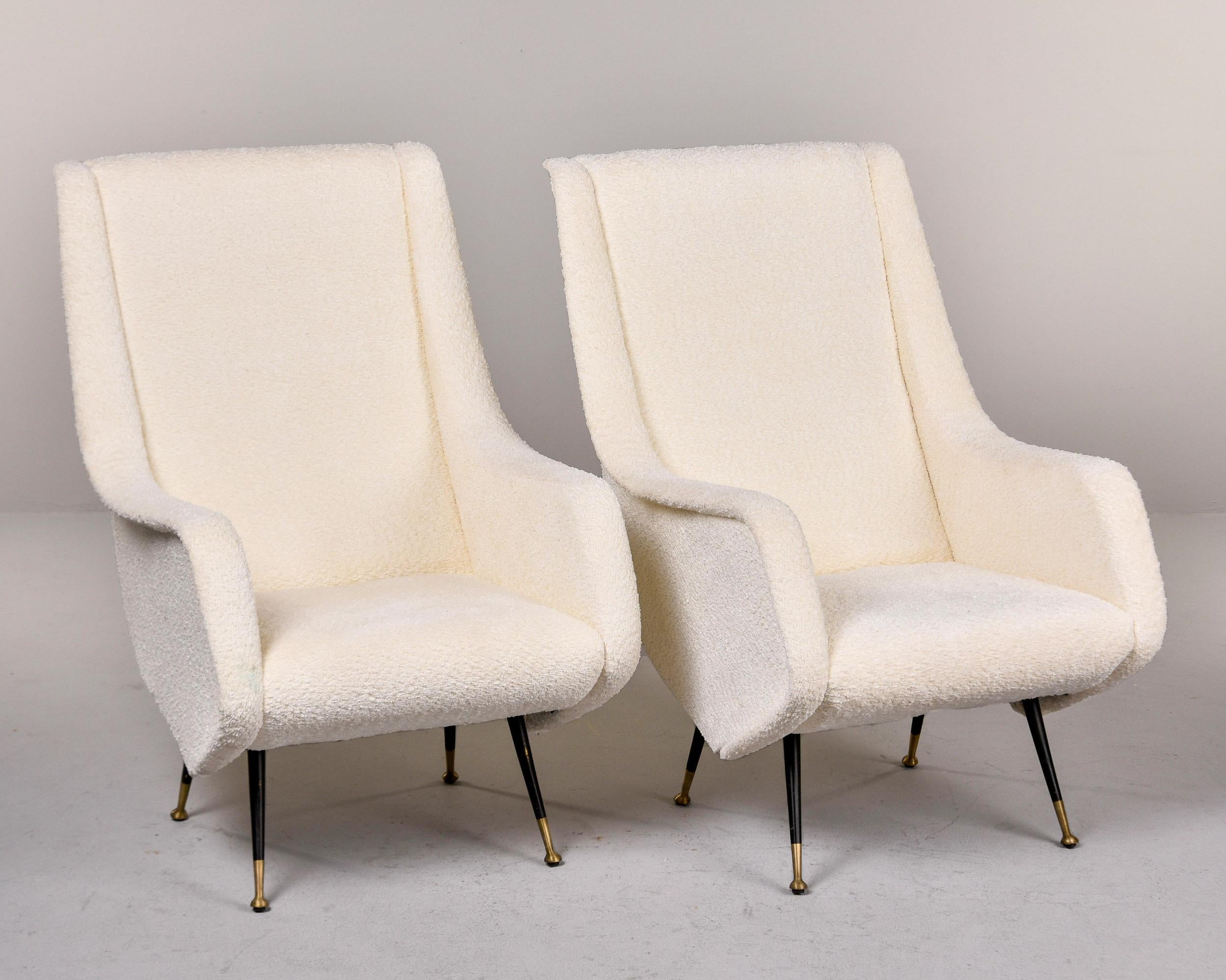 Pair Italian Mid Century Chairs with Nubby White Fabric and Brass Tipped Legs For Sale 4