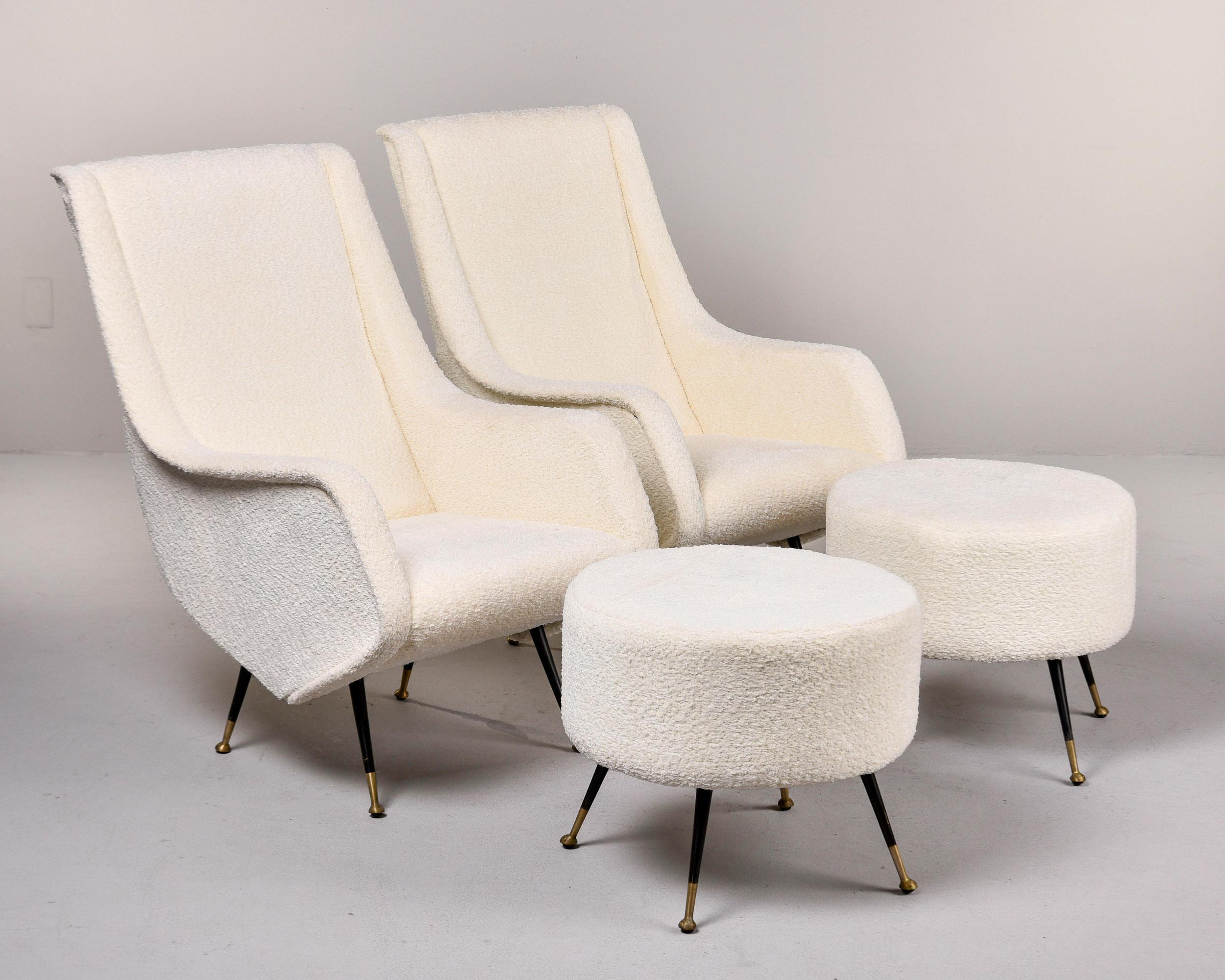 Pair Italian Mid Century Chairs with Nubby White Fabric and Brass Tipped Legs For Sale 7