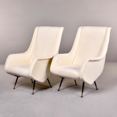 Pair Italian Mid Century Chairs with Nubby White Fabric and Brass Tipped Legs