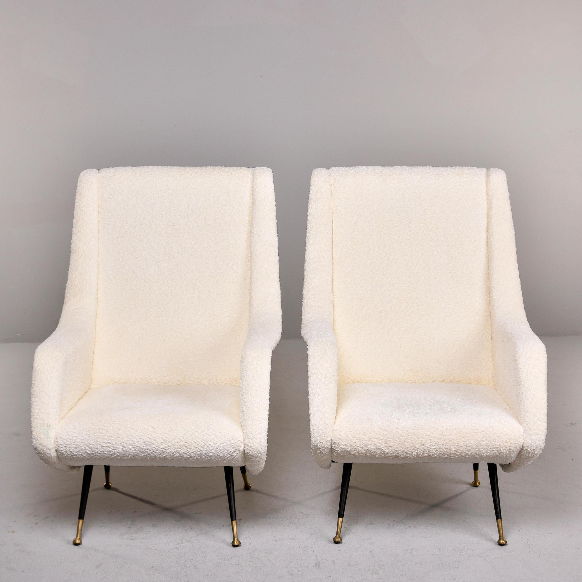 Mid-Century Modern Pair Italian Mid Century Chairs with Nubby White Fabric and Brass Tipped Legs For Sale