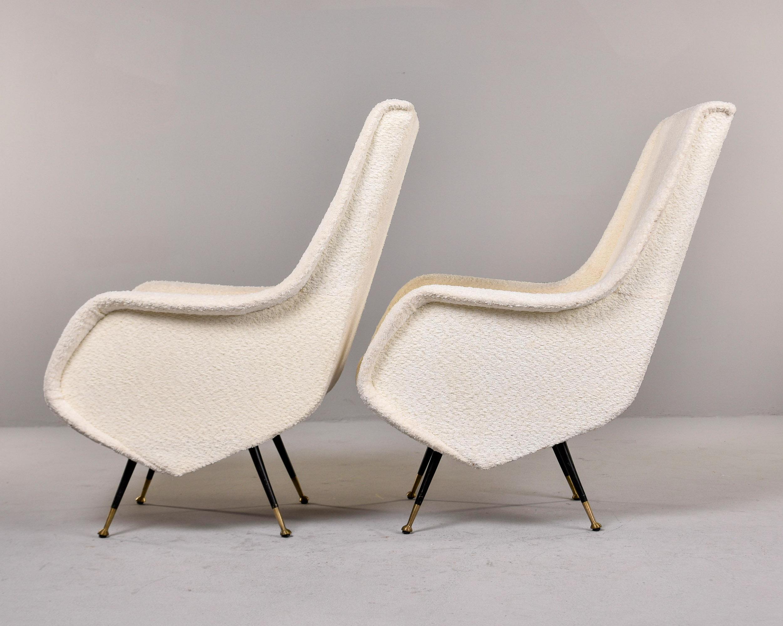 Pair Italian Mid Century Chairs with Nubby White Fabric and Brass Tipped Legs In Good Condition For Sale In Troy, MI